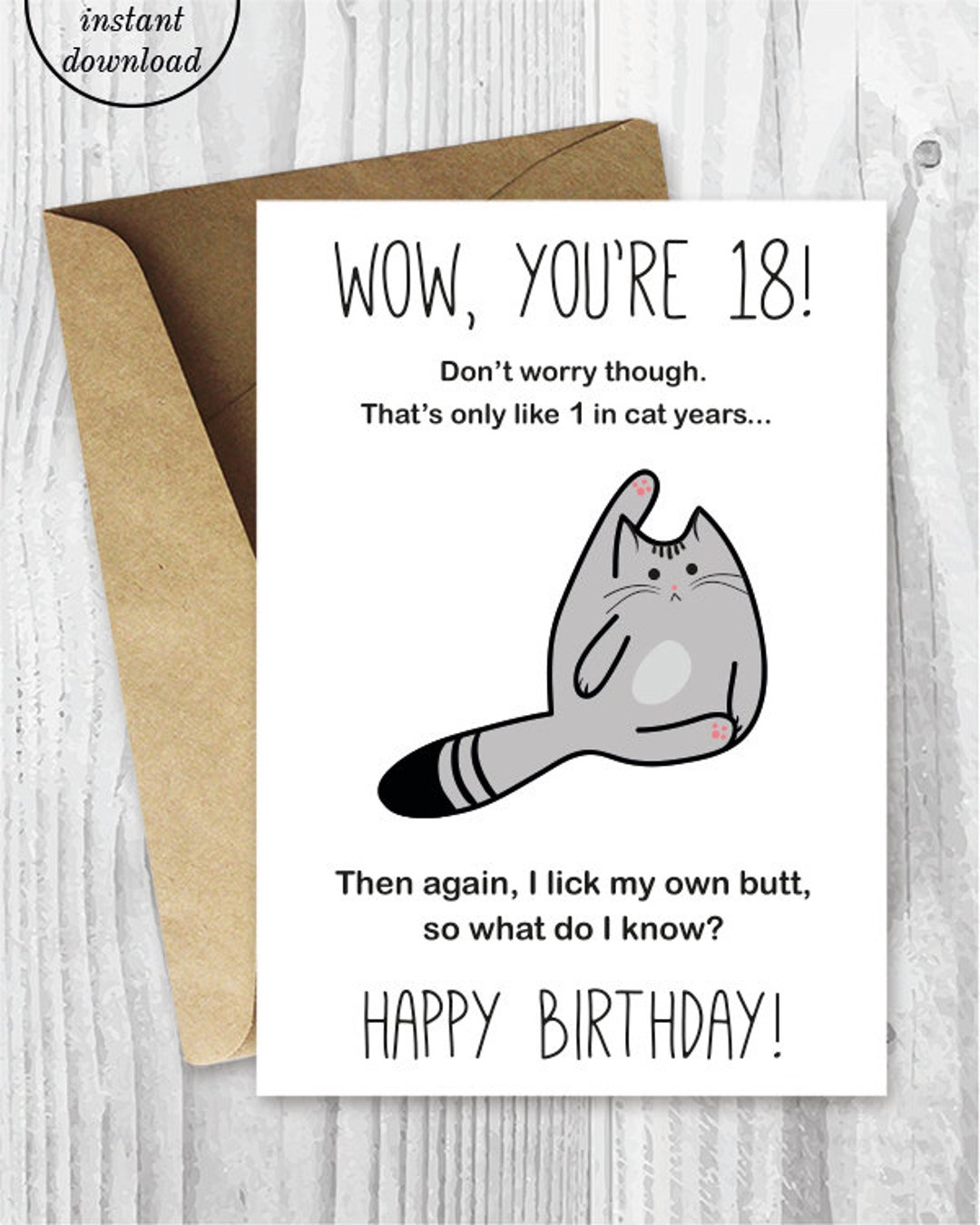 18Th Birthday Printable Cards, Printable Funny Birthday Cards, Funny Cat Birthday Card, Printable Cat Cards, Instant Download, 18 Birthday - Etsy in 18Th Birthday Card Printable Free