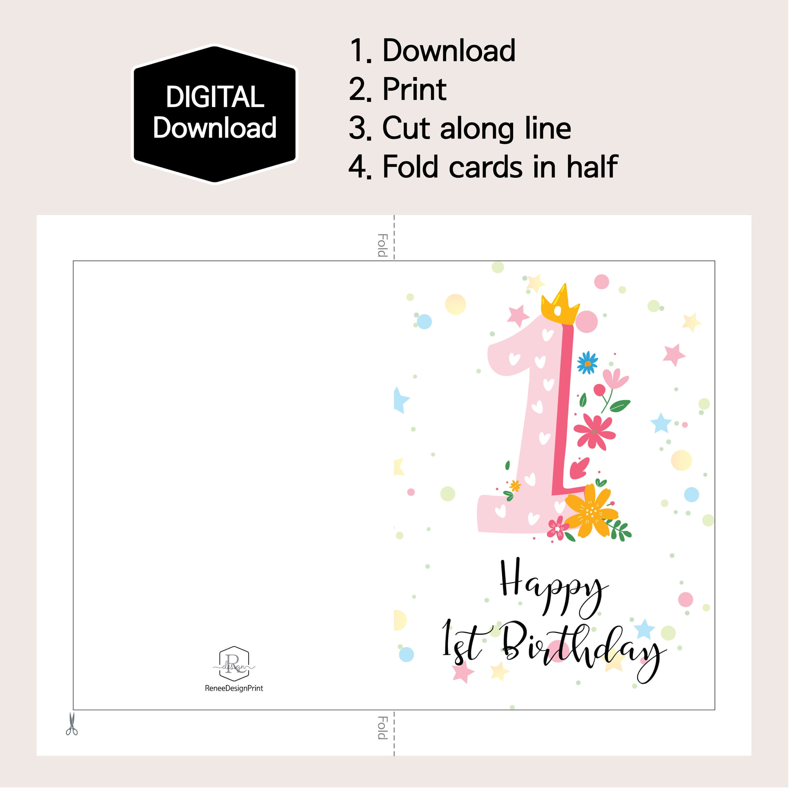 1St Birthday Card For Girl,Crown First Birthday Card,One Year Old pertaining to 1st Birthday Printable Card