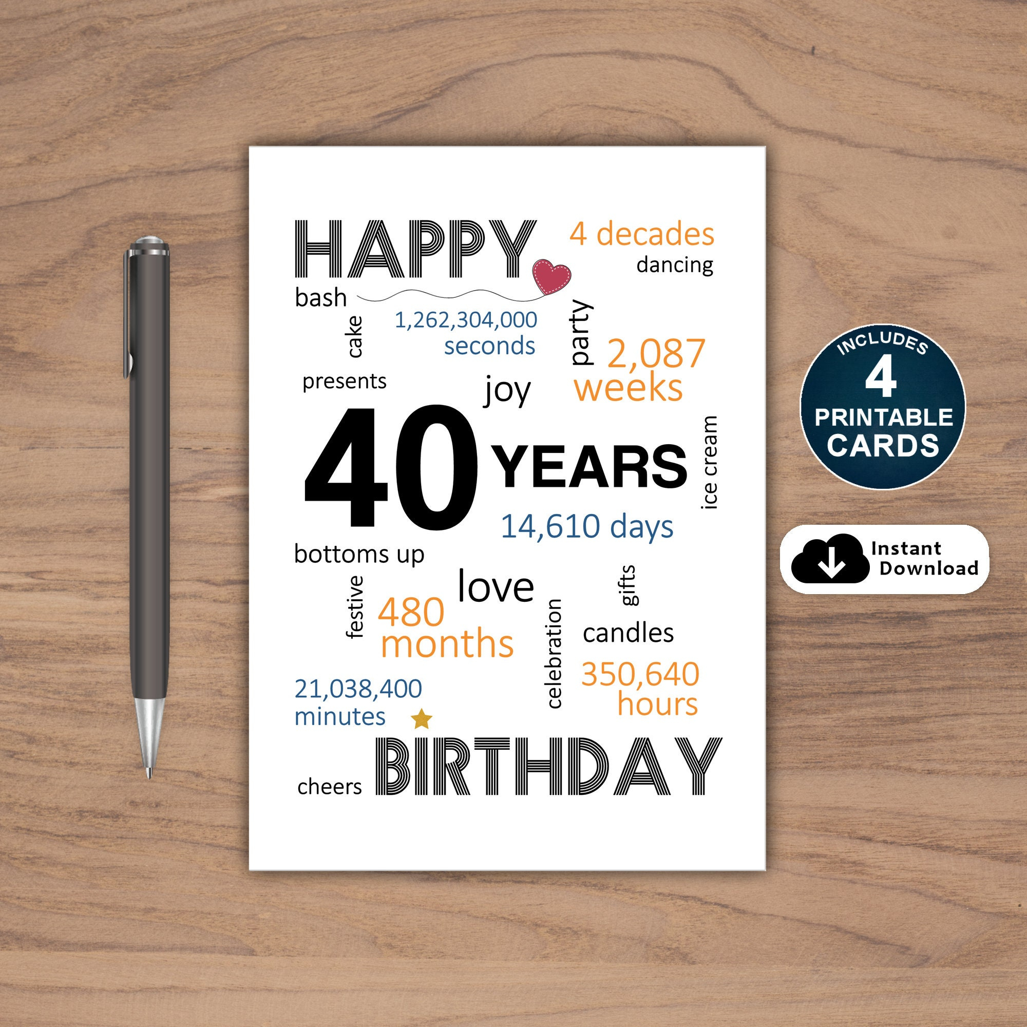 40Th Birthday Card, Card For 40Th Birthday, Printable 40Th inside 40Th Birthday Printable Cards