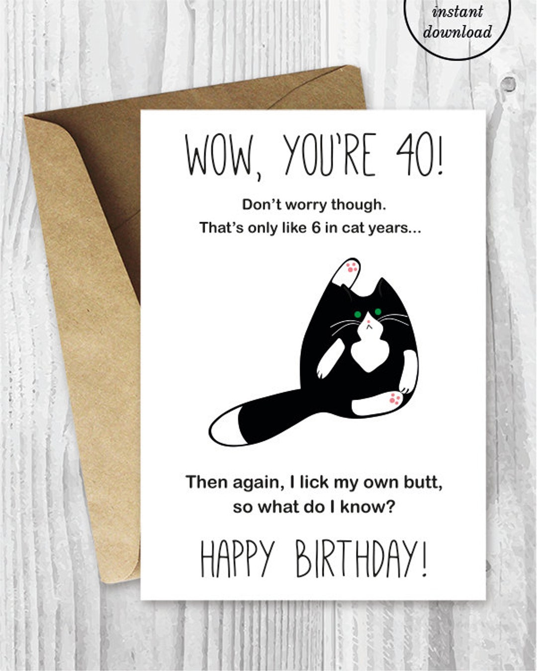 40Th Birthday Card Printable, Funny Tuxedo Cat Birthday Card, Printable Black And White Cat Card, Instant Download, 40 Birthday - Etsy Sweden throughout Printable 40th Birthday Cards Funny