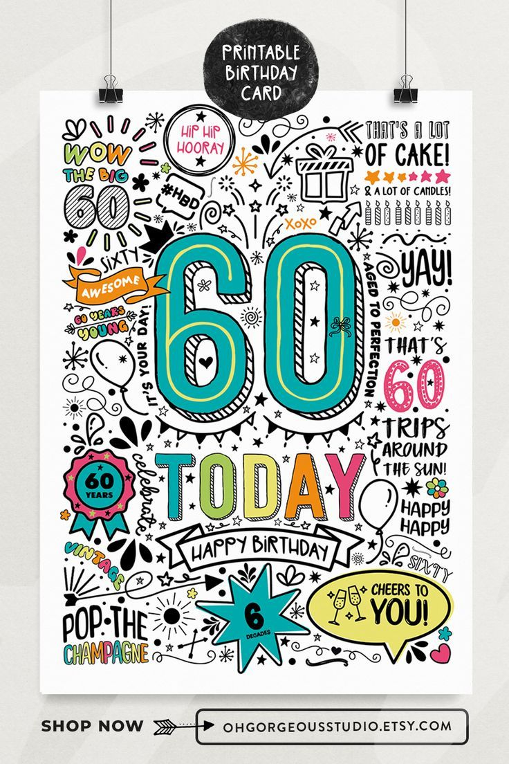 60Th Printable Birthday Card | 60 Today Birthday Downloadable Card for Free Printable Happy 60th Birthday Cards