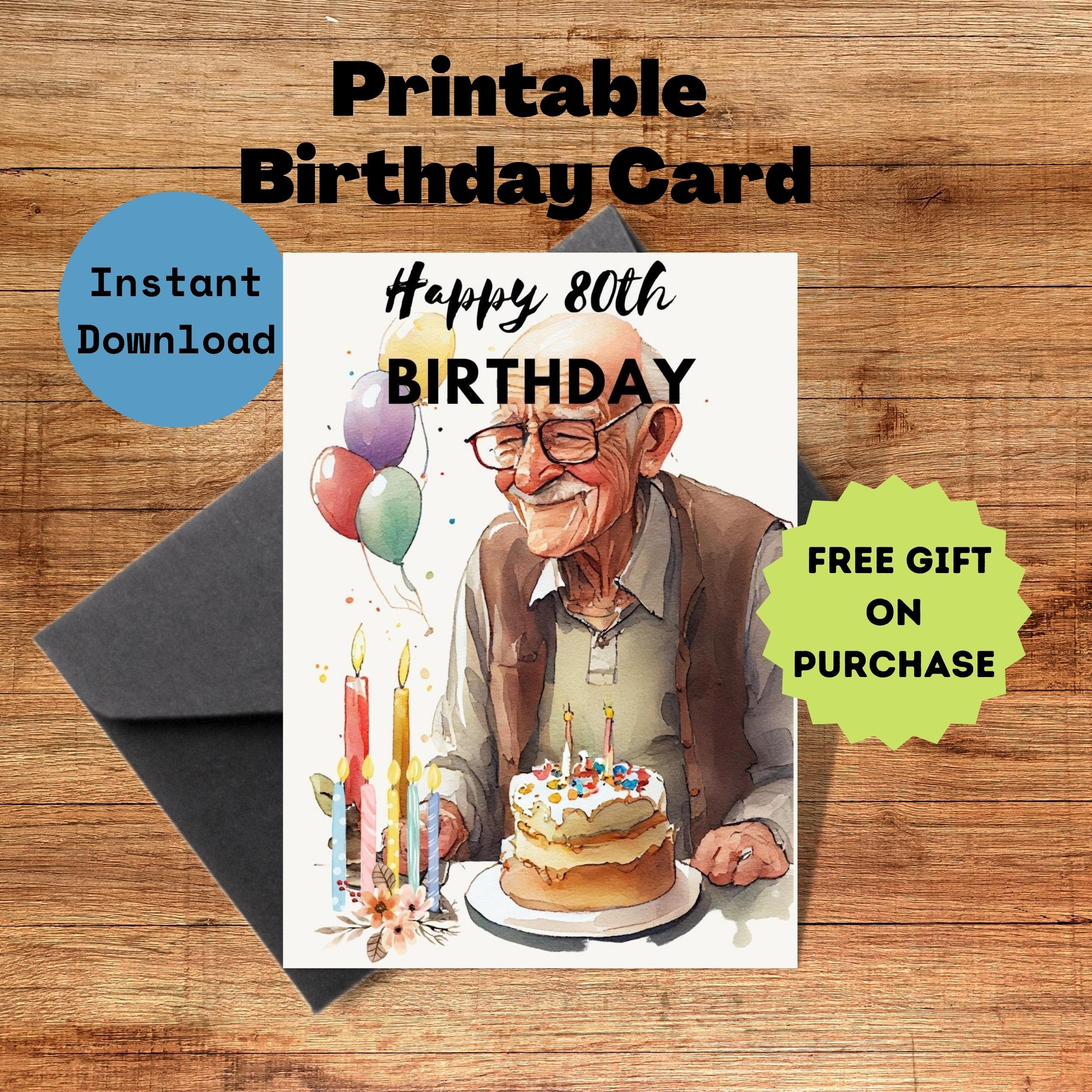 80Th Birthday Card For Men Happy Birthday Printable Card Digital in Free Printable Funny 80th Birthday Cards