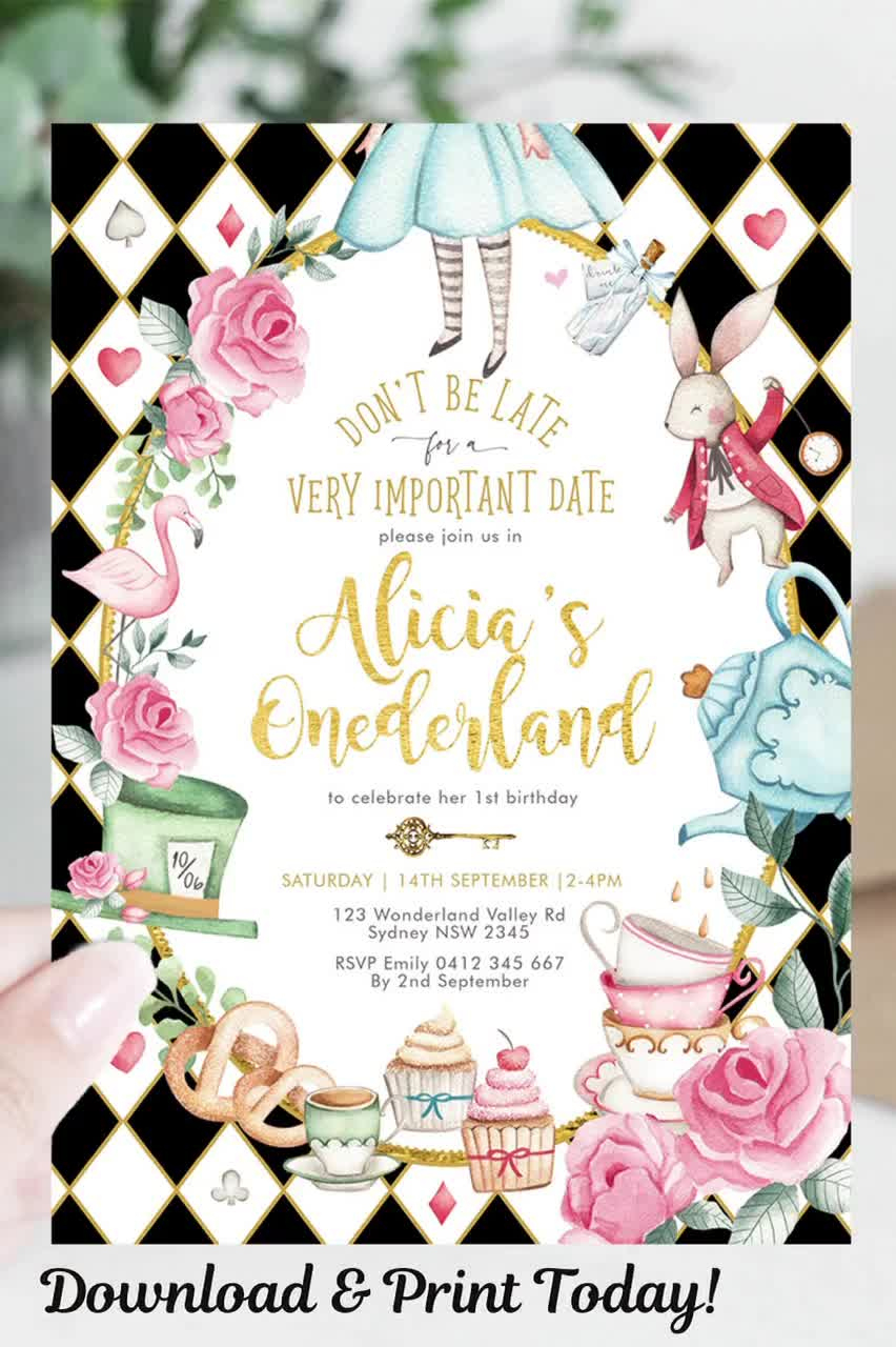 Alice In Wonderland Invitation Template, Alice In Onederland 1St Birthday Invite, Mad Tea Party, Editable Printable Instant Download, Al1 for Alice In Wonderland Birthday Card Printable