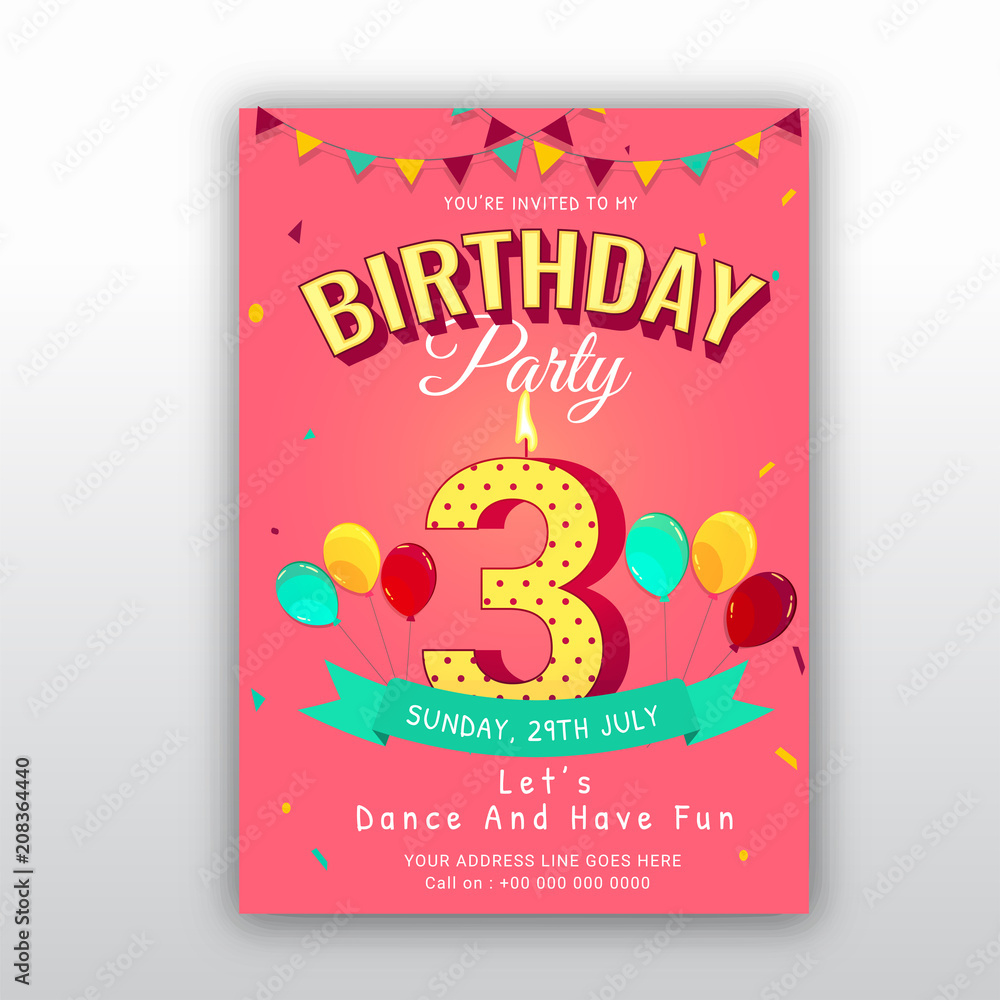 Birthday Card Invitation Template With Number 3 (Three). 3Rd within 3rd Birthday Cards Printable