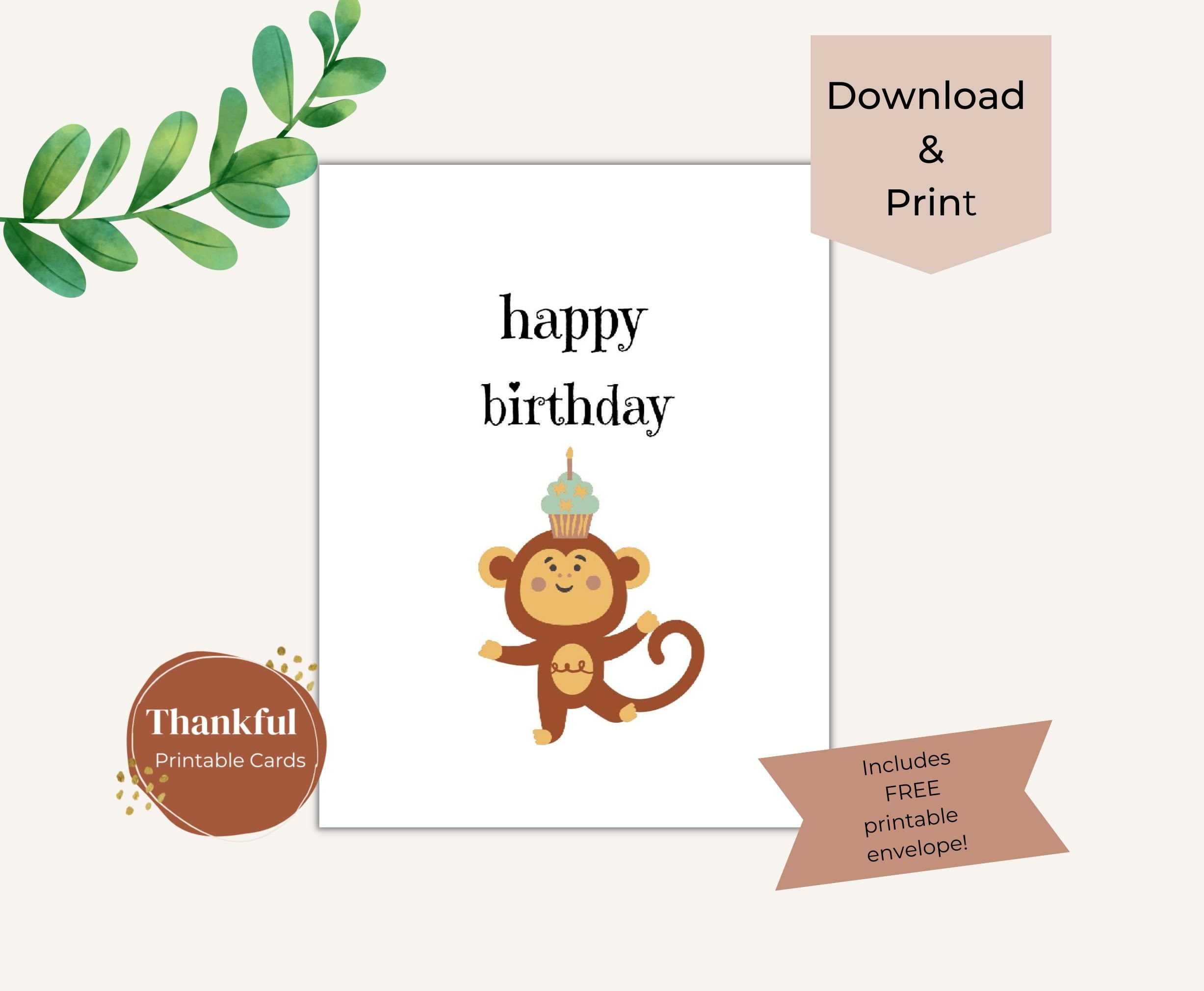 Birthday Card With Monkey With Bonus Envelope, Printable, Instant regarding Printable Monkey Birthday Card