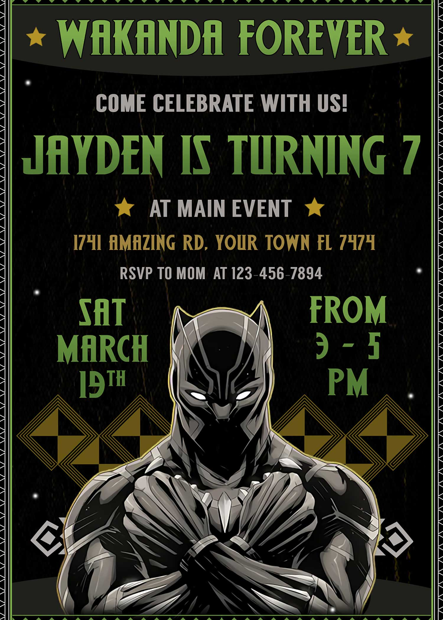 Black Panther Wakanda Forever Birthday Invite | Free Backside for Black Panther Birthday Card Printable