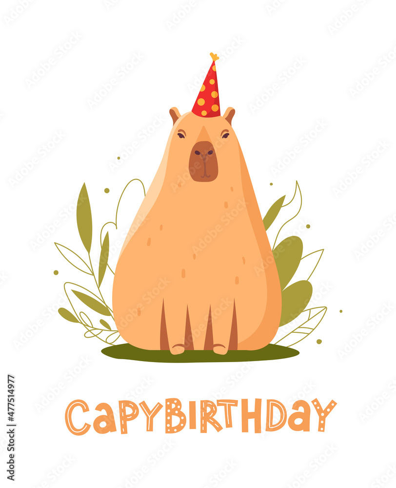 Capybara Sit In A Party Hat, Lettering Capybirthday, Greeting Card throughout Capybara Birthday Card Printable