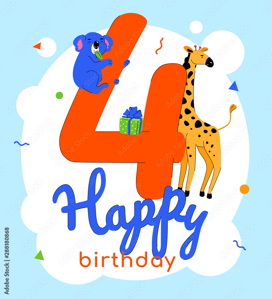 Children 4Th Birthday Greeting Card Vector Template Stock regarding Happy 4th Birthday Card Printable