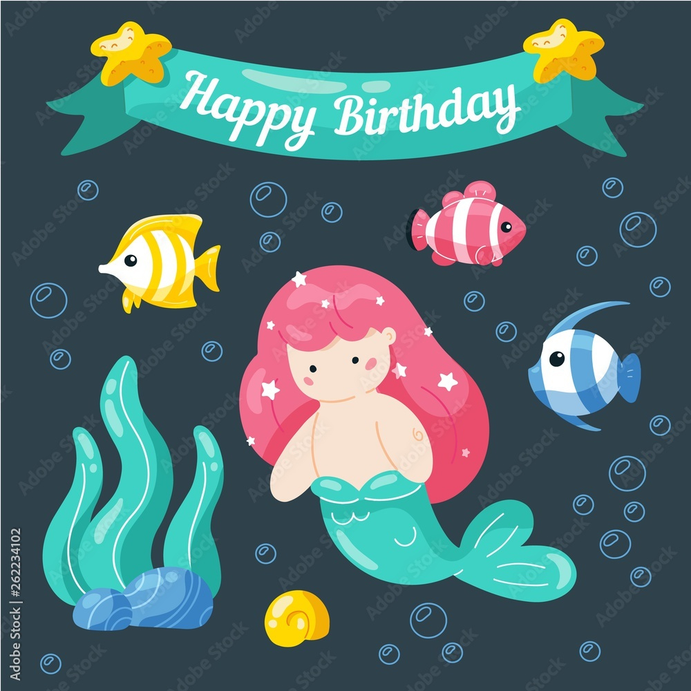 Cute Little Mermaid Birthday Card. Marine Life Cartoon Characters inside Little Mermaid Birthday Card Printable