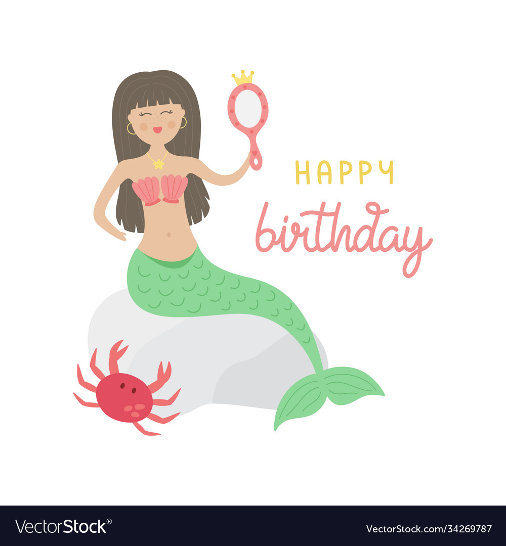 Cute Mermaid Birthday Greeting Card Royalty Free Vector for Mermaid Birthday Card Printable