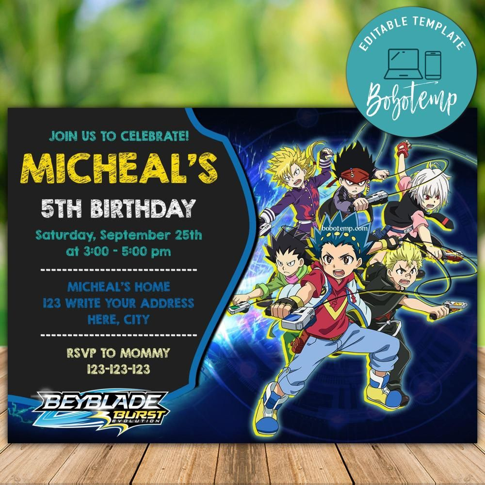 Editable Beyblade Burst Birthday Party Invitation Digital File regarding Beyblade Birthday Card Printable