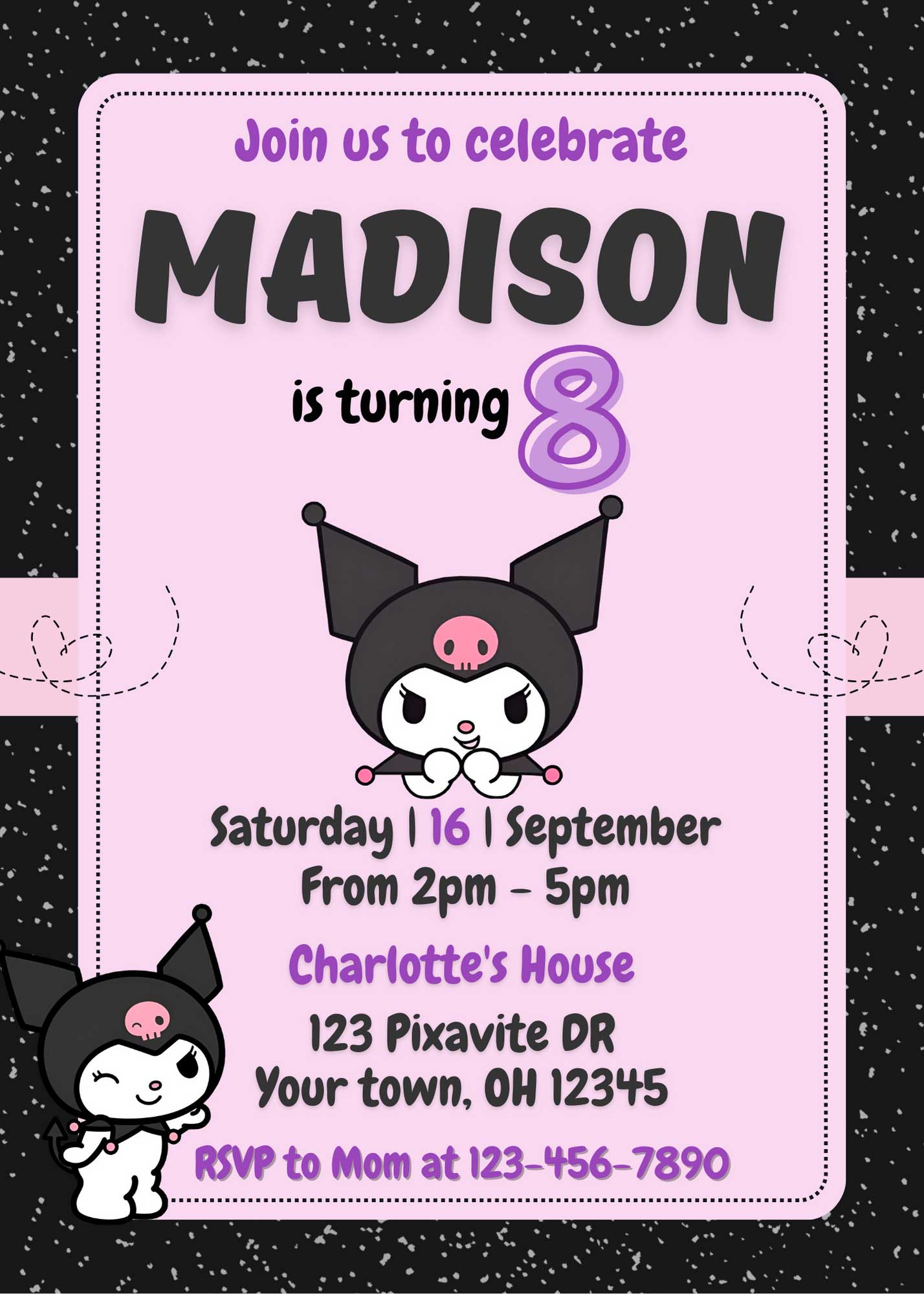 Editable Kuromi Birthday Invitation Template | Adorable Invite for Printable Kuromi Birthday Card