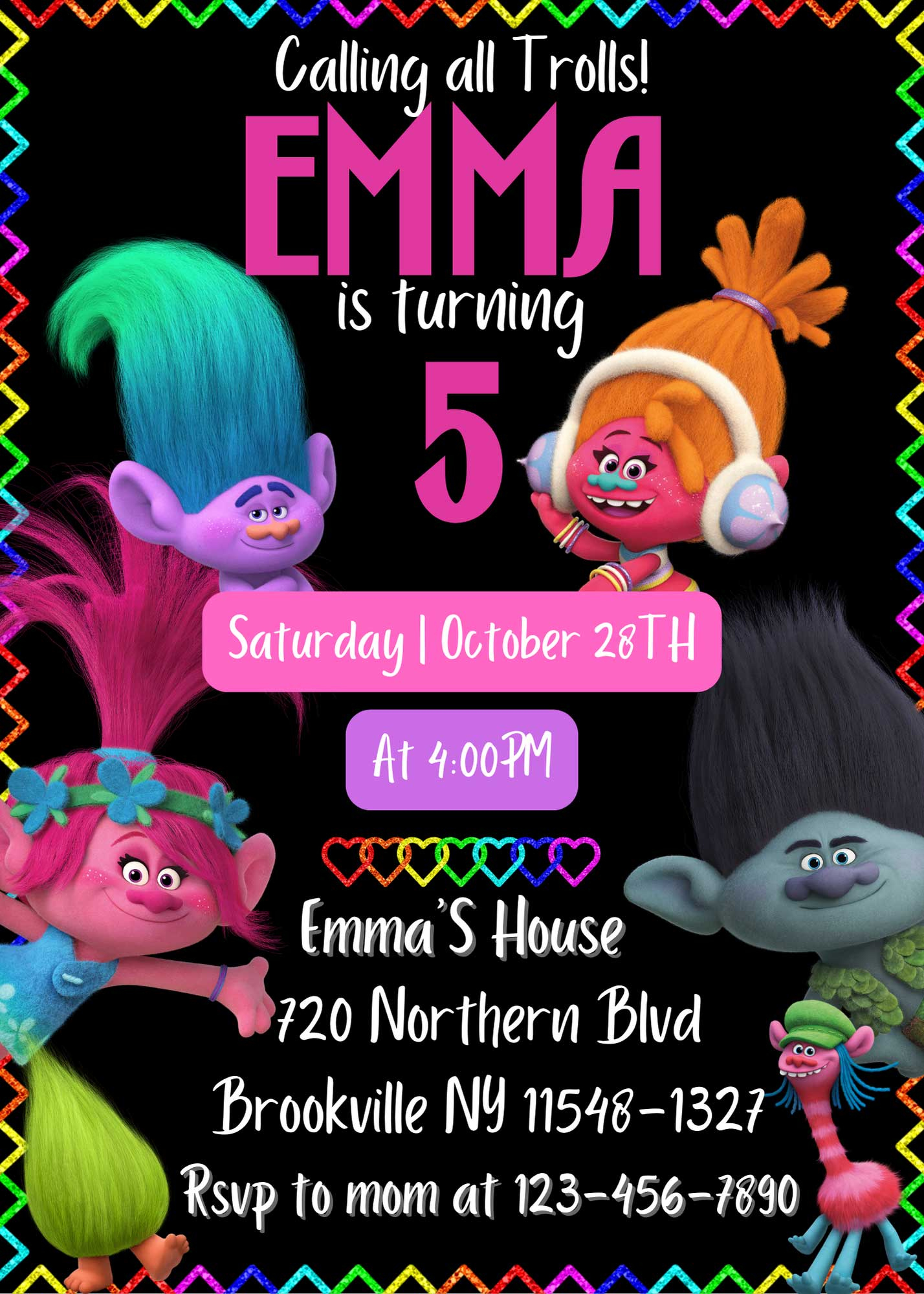 Editable Trolls Birthday Invitation Template | Sweet Invite for Printable Trolls Birthday Card