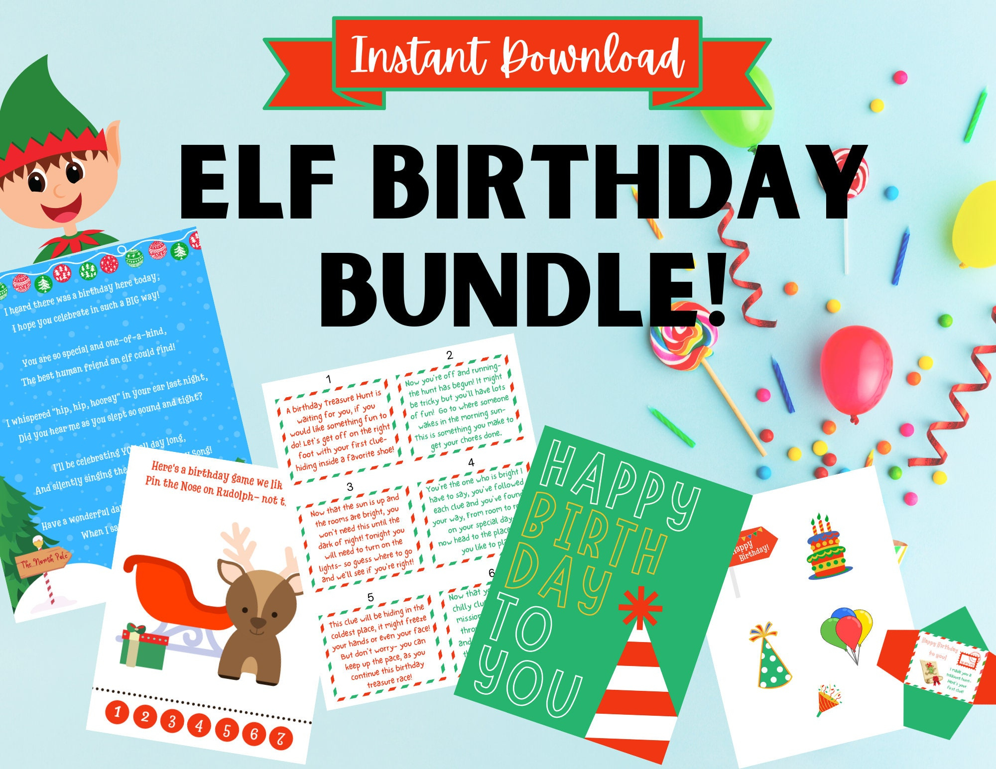 Elf Birthday Bundle Printable Instant Download Birthday Treasure pertaining to Elf On The Shelf Birthday Card Printable