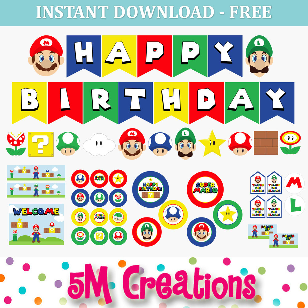 Free Mario Inspired Party Printable Decorations – Instant Download inside Free Printable Nintendo Birthday Cards