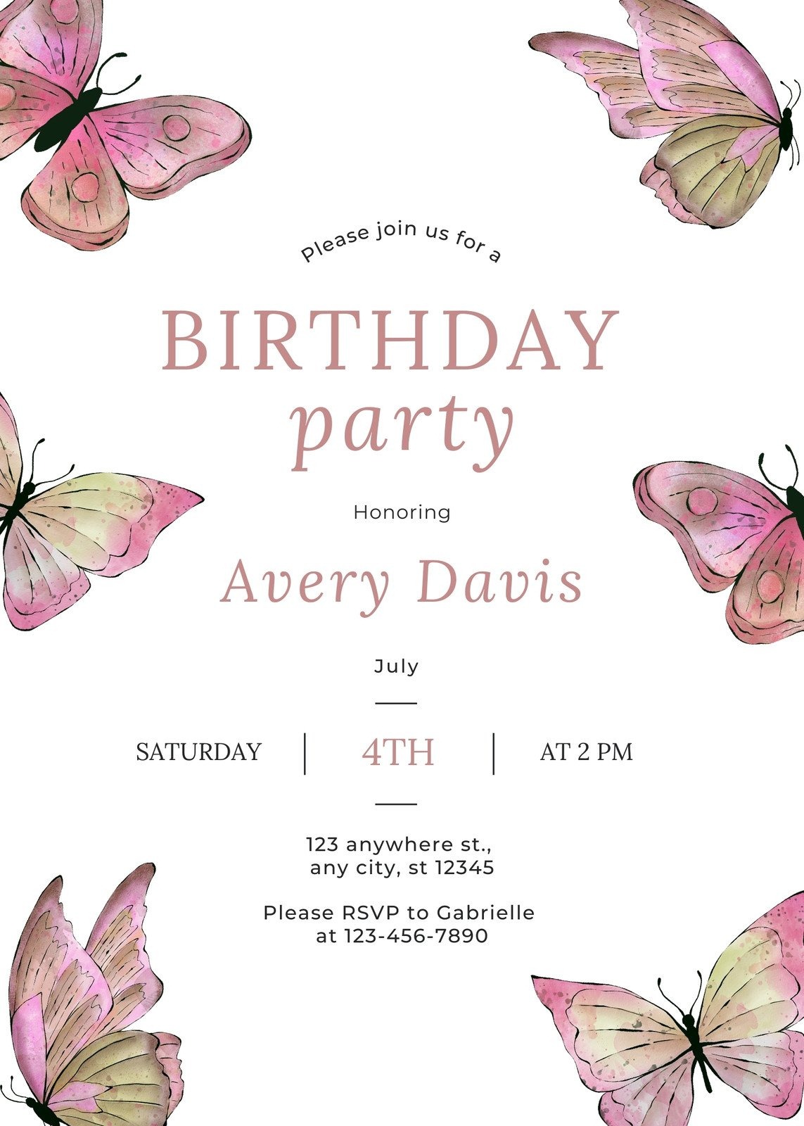 Free To Edit And Print Butterfly Invitation Templates | Canva inside Printable Butterfly Birthday Card