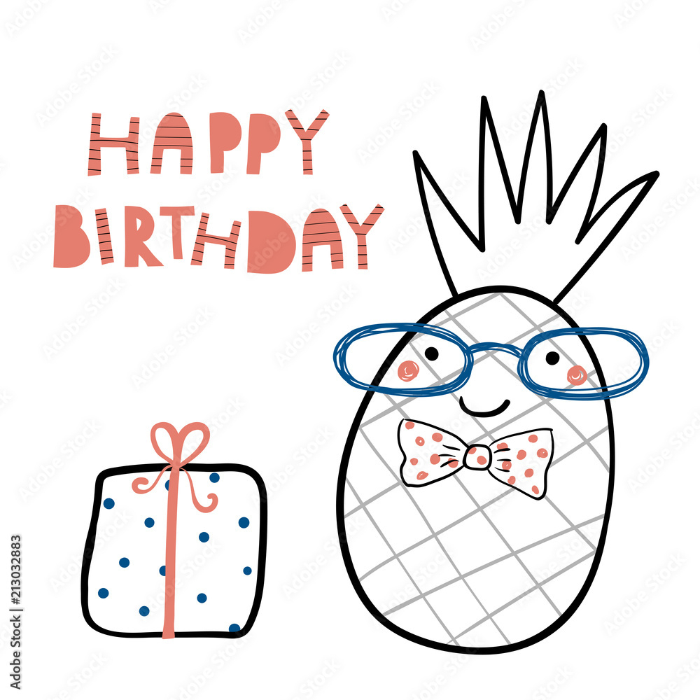 Hand Drawn Birthday Card With Cute Funny Pineapple In A Bow Tie pertaining to Pineapple Birthday Card Printable