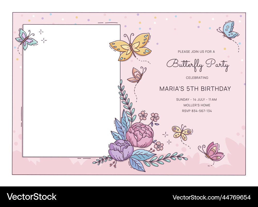 Hand Drawn Butterfly Birthday Invitation Template Vector Image with regard to Butterfly Birthday Card Printable