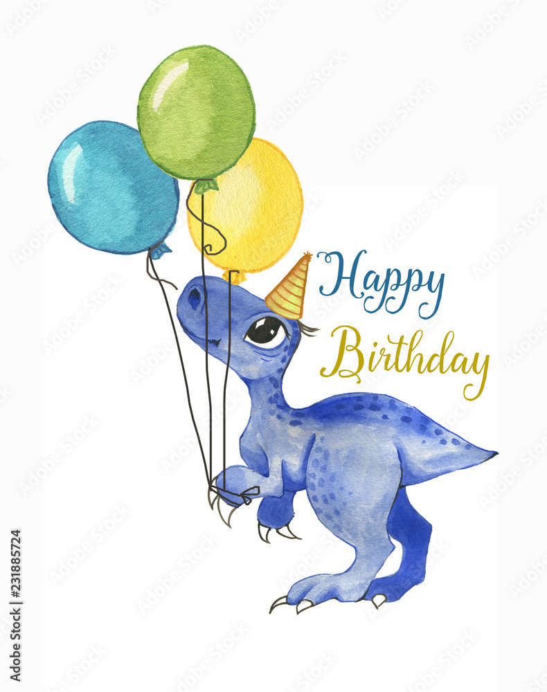 Hand Drawn Watercolor Illustration Of Cute Cartoon Dinosaur With regarding Birthday Card Dinosaur Printable