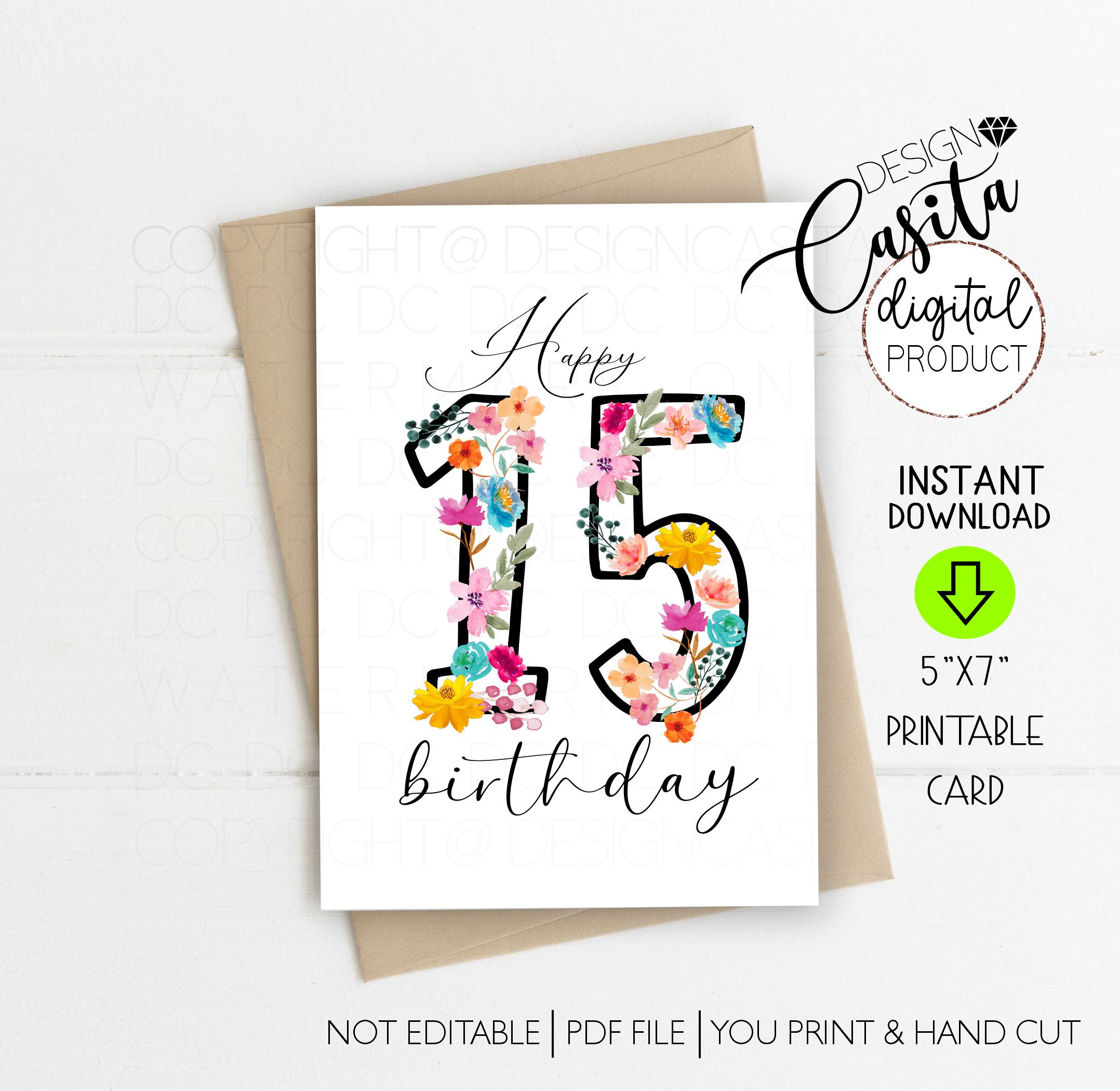 Happy 15Th Birthday Printable 5X7 Folded Greeting Card,Floral pertaining to Free Printable Quinceanera Birthday Cards