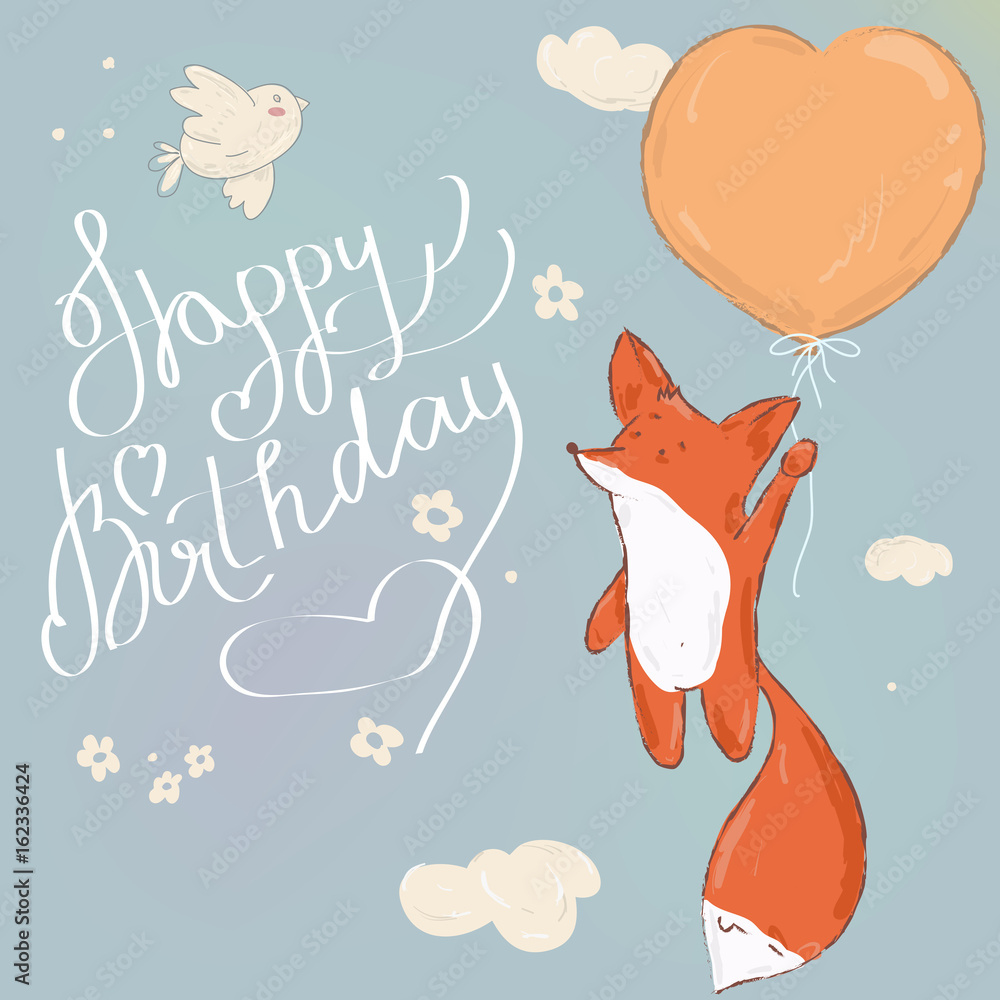 Happy Birthday. Beautiful Greeting Card Calligraphy Text With Cute for Fox Birthday Card Printable