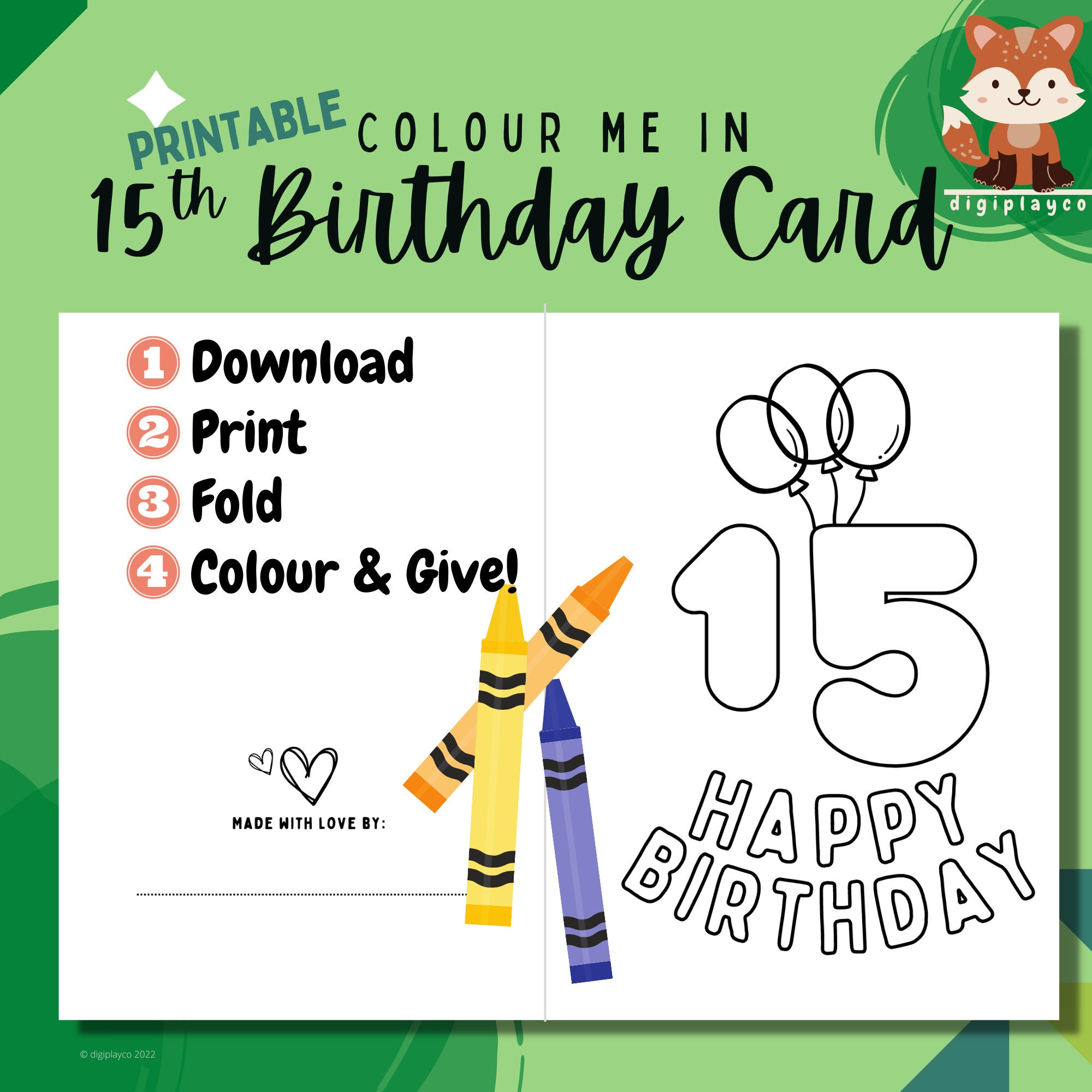 Happy Birthday Card Printable Colour In Kids | 15 Year Old | Fifteenth Birthday | Instant Download | Printable | Coloring Activity Children with regard to Free Printable 15th Birthday Cards