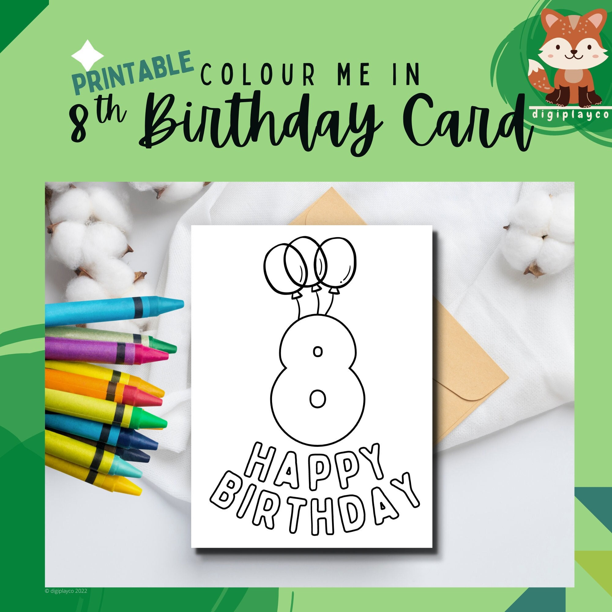 Happy Birthday Card Printable Colour In Kids | 8 Year Old | Eighth Birthday | Instant Download | Printable | Coloring In Activity Children inside Happy 8th Birthday Printable Card