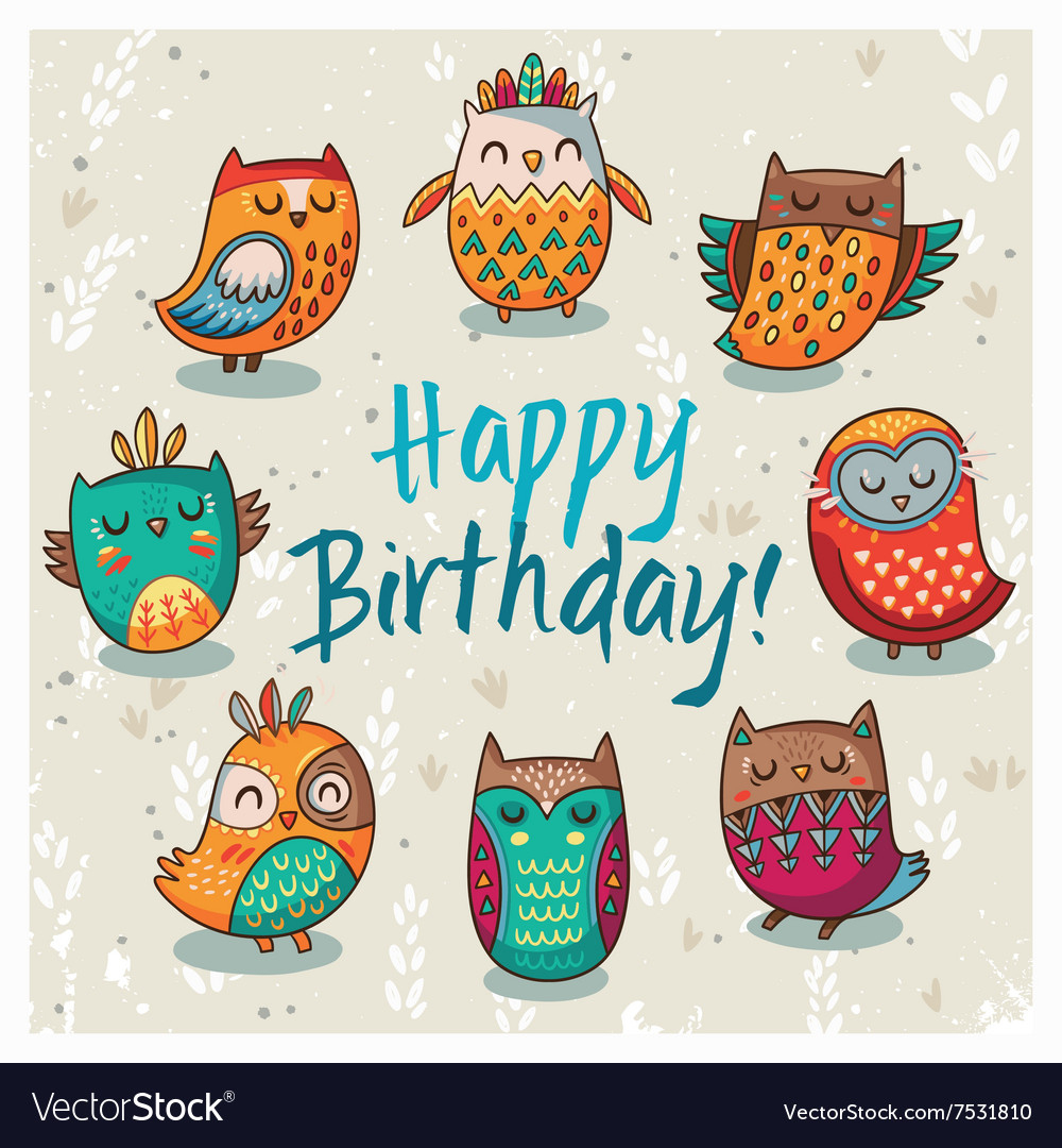 Happy Birthday Card With Owls Royalty Free Vector Image throughout Printable Owl Birthday Card