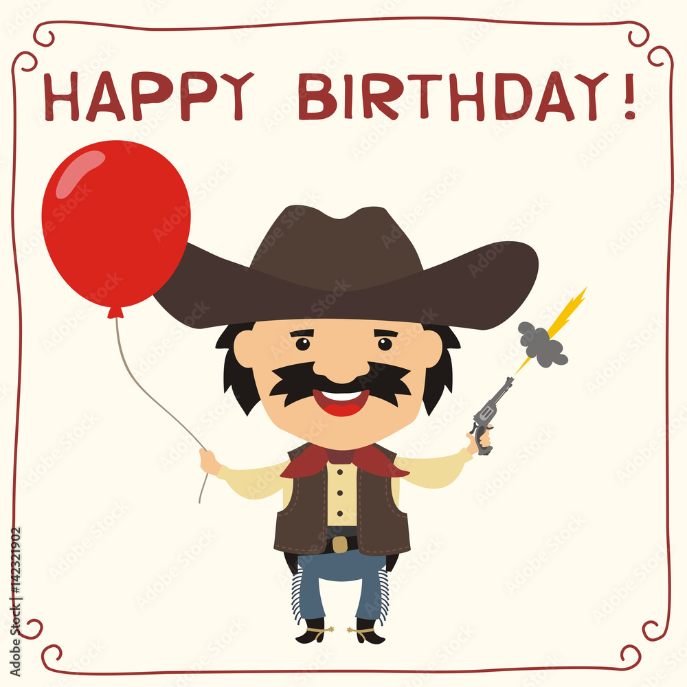 Happy Birthday! Funny Cowboy With Red Balloon. Birthday Card With throughout Free Printable Cowboy Birthday Cards