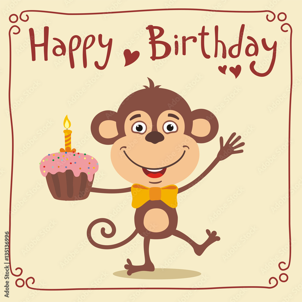 Happy Birthday! Funny Monkey With Birthday Cake. Greeting Card inside Printable Monkey Birthday Card