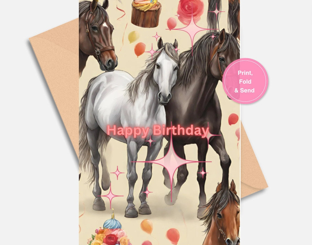 Happy Birthday Horses Digital Instant Printable Card - Etsy regarding Free Printable Birthday Cards With Horses