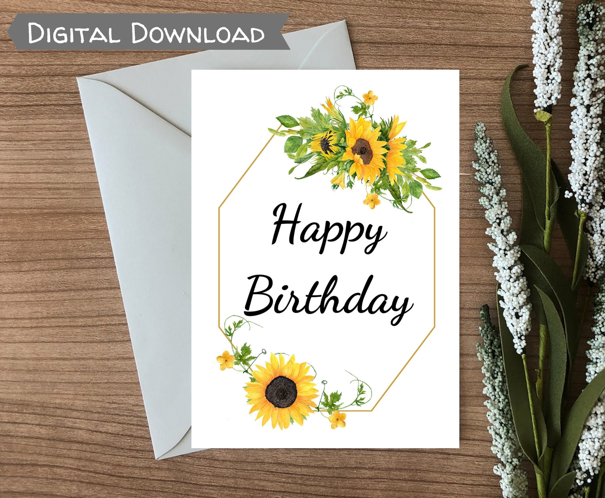 Happy Birthday Sunflowers With Frame Card Pdf &amp;amp; Jpg Printable throughout Sunflower Birthday Card Printable