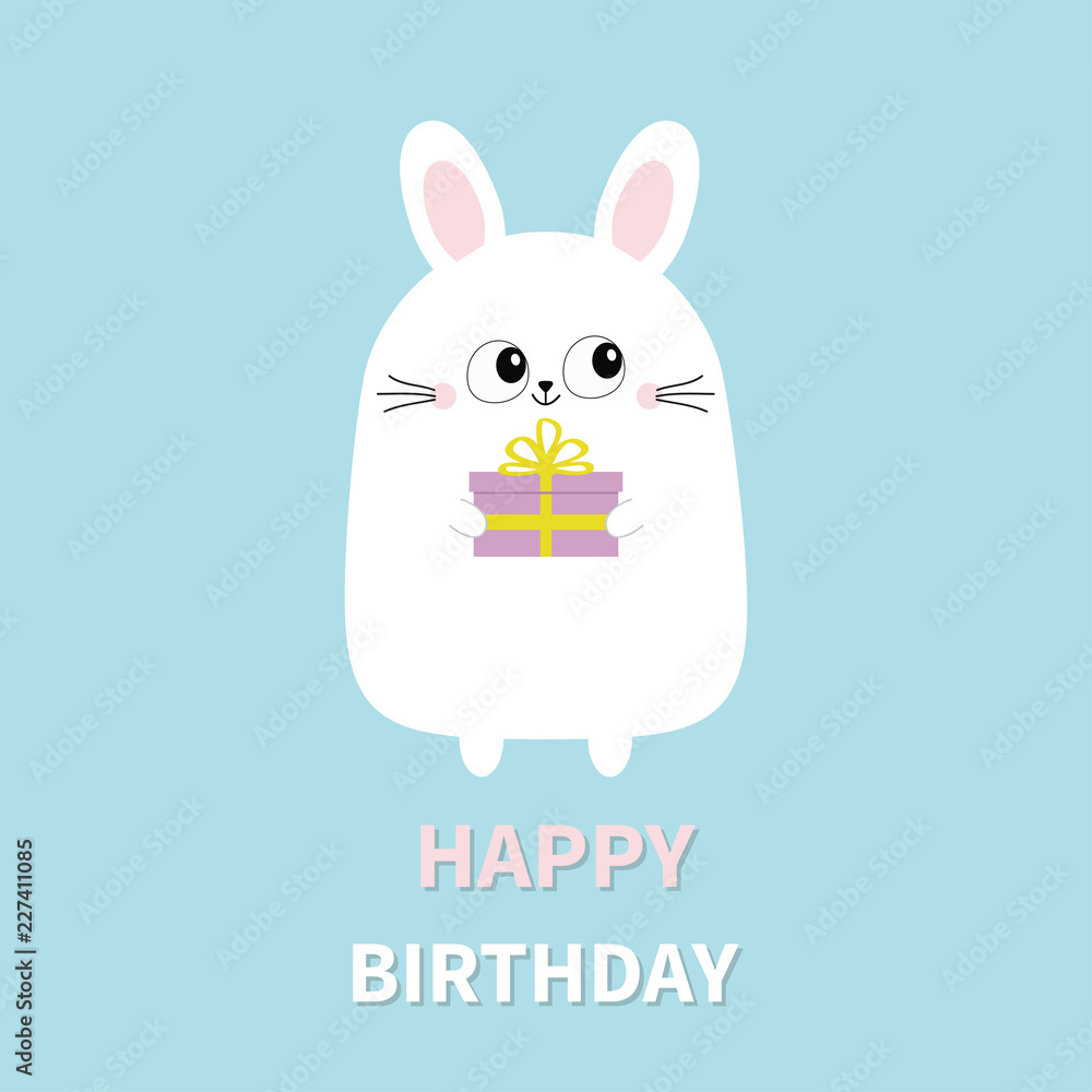 Happy Birthday. White Bunny Rabbit Holding Gift Box. Funny Head with Bunny Birthday Card Printable