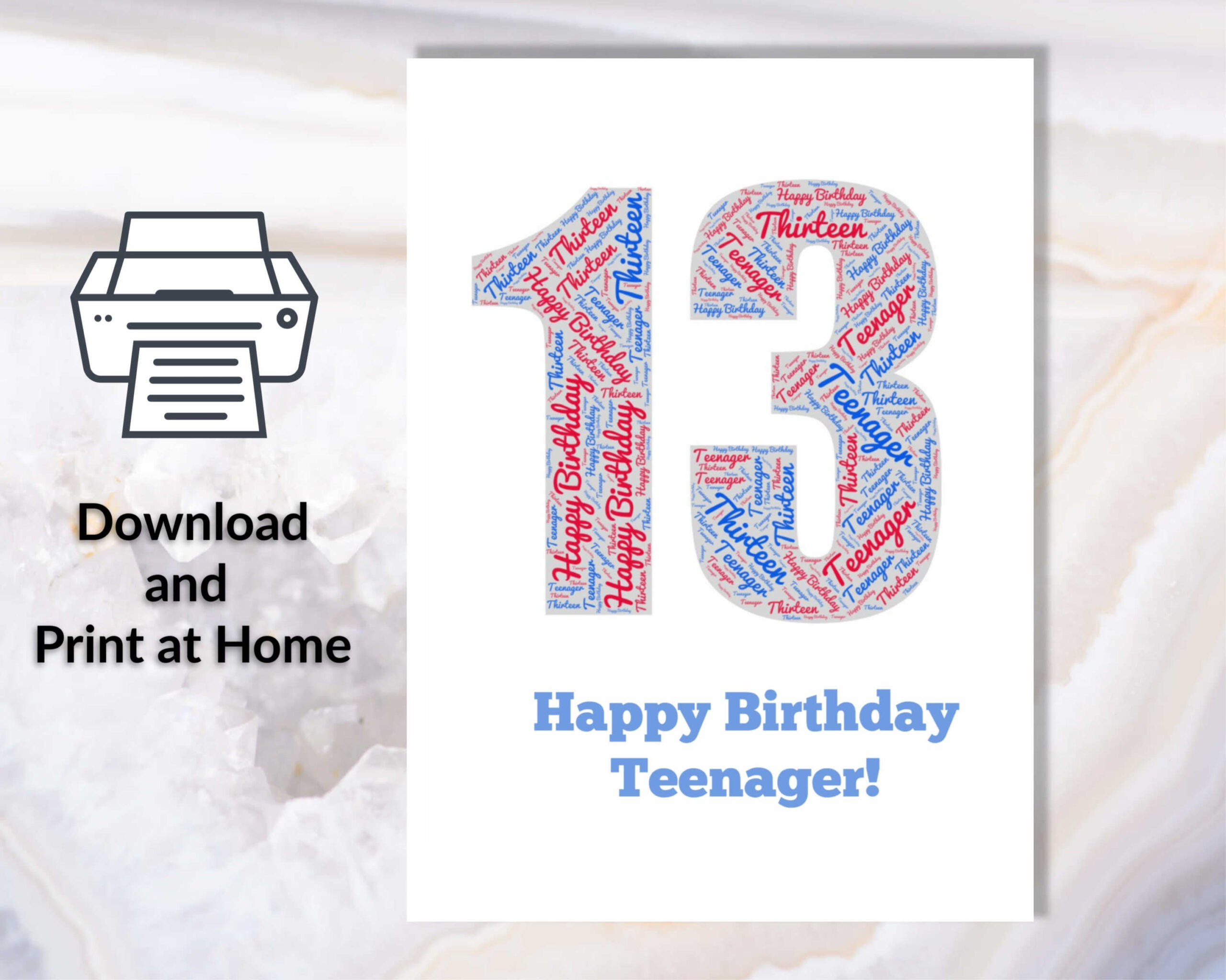 Instant Download And Print At Home 13Th Birthday Card Wordart in Happy 13Th Birthday Cards Printable