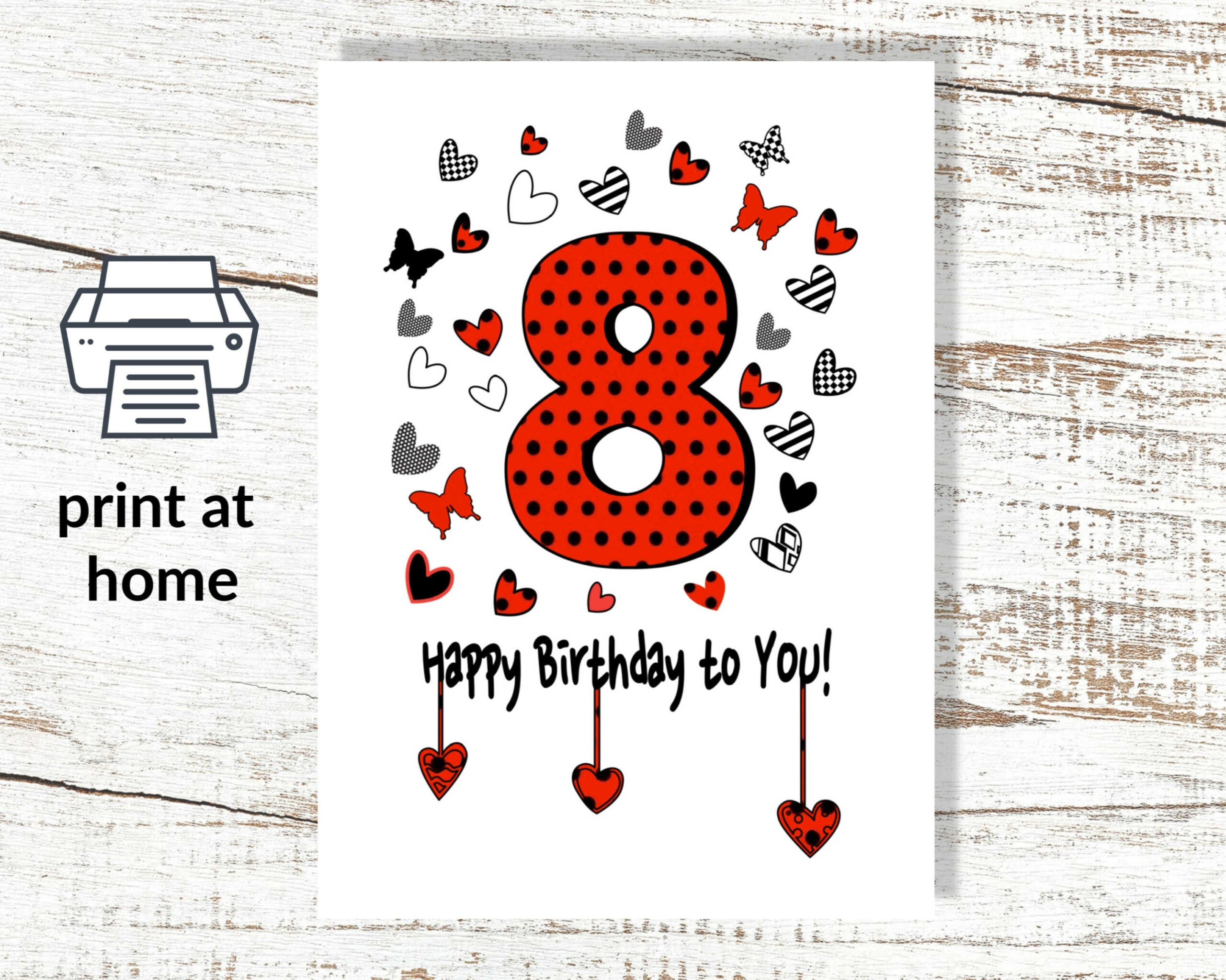 Instant Download And Print At Home 8Th Birthday Greeting Card with Happy 8th Birthday Printable Card