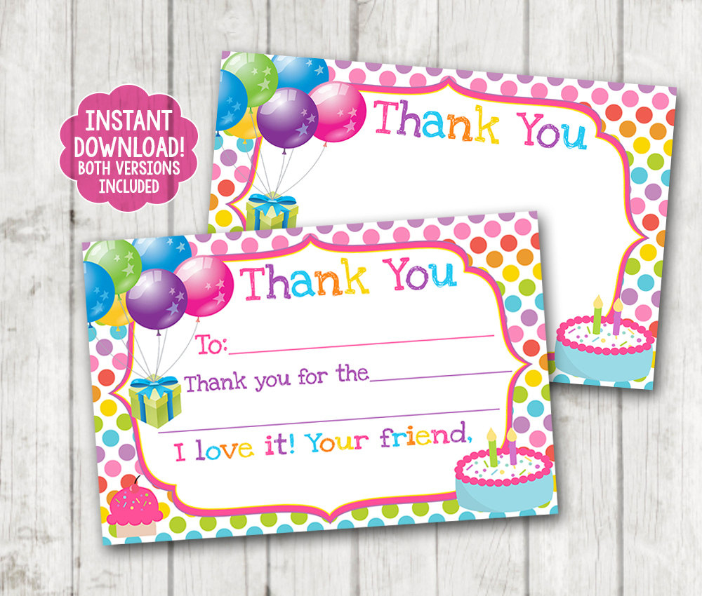 Instant Download Printable Birthday Thank You Cards, Balloons in Printable Birthday Thank You Cards