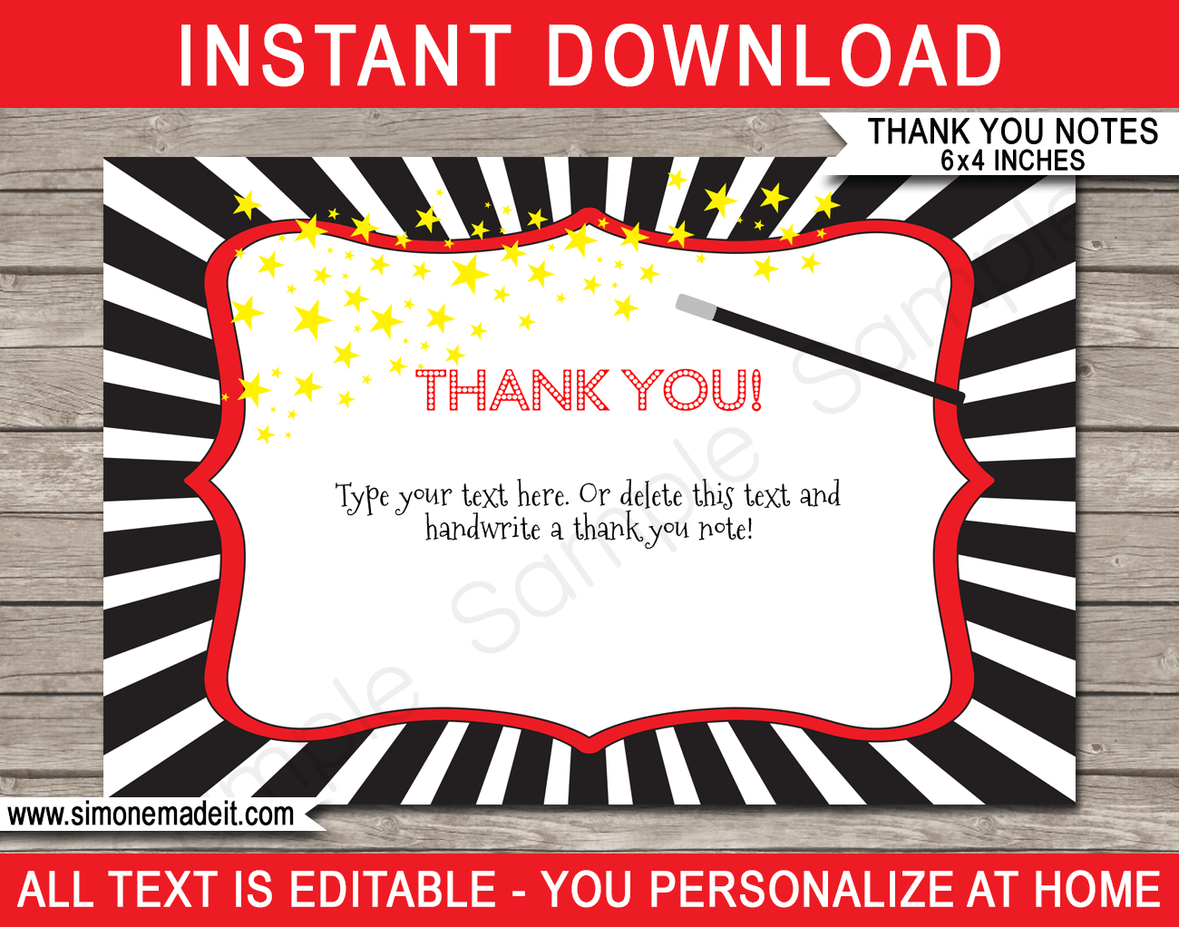 Magic Party Thank You Cards Template - Red with regard to Free Printable Thank You Cards For Birthday Party