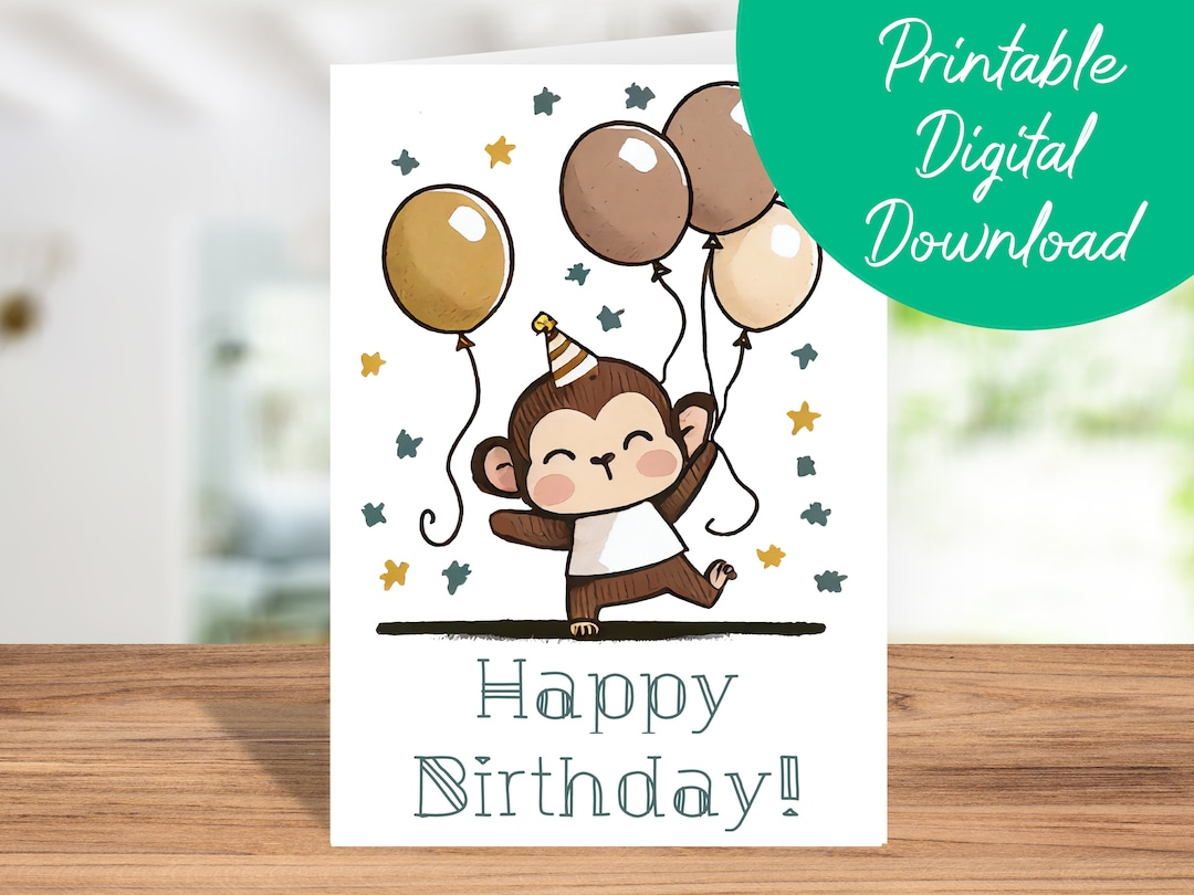 Monkey Birthday Card Instant Download, Kids Birthday Card in Printable Monkey Birthday Card