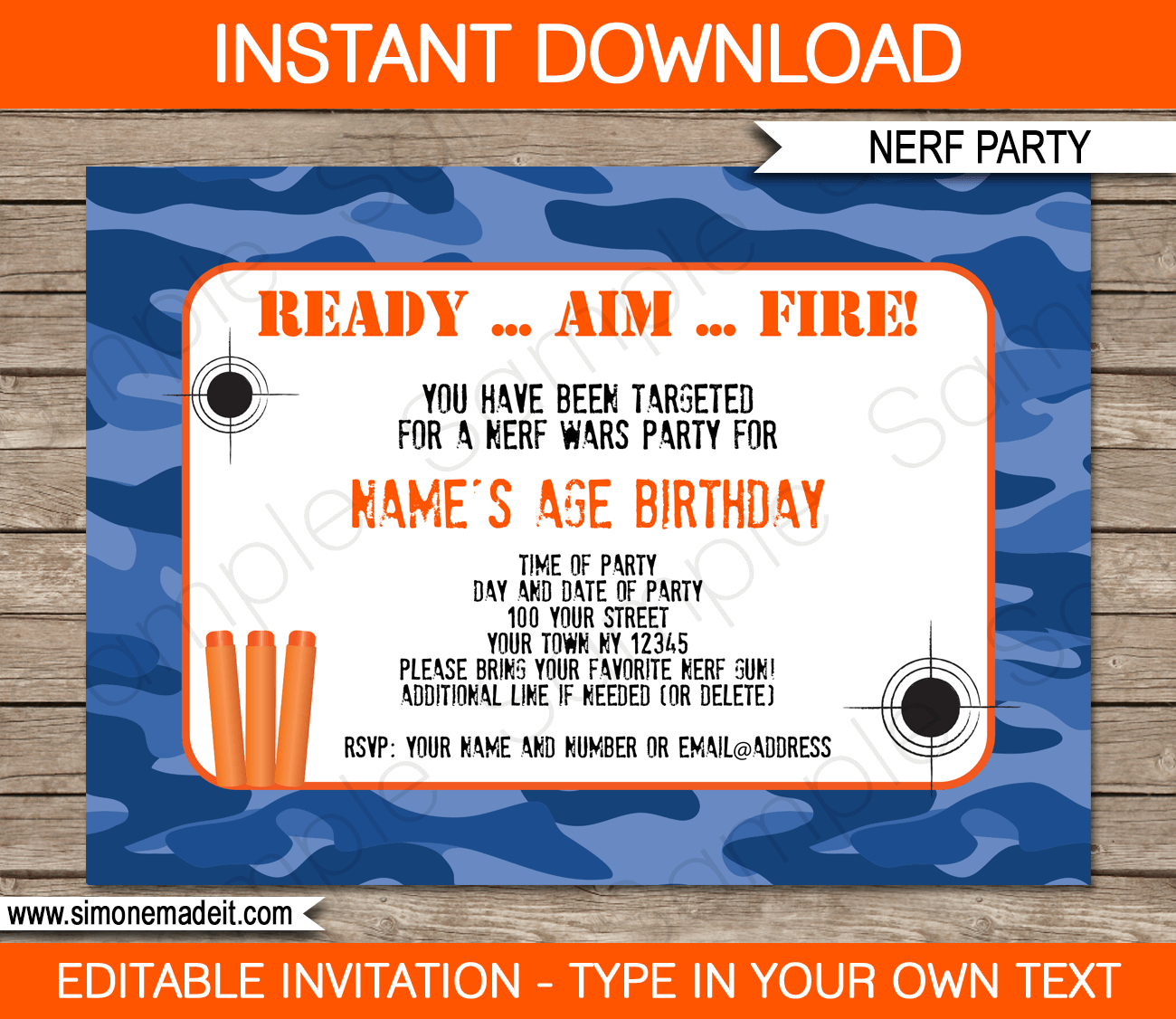 Nerf Party Invitations Template - Blue Camo pertaining to Nerf Birthday Card Printable