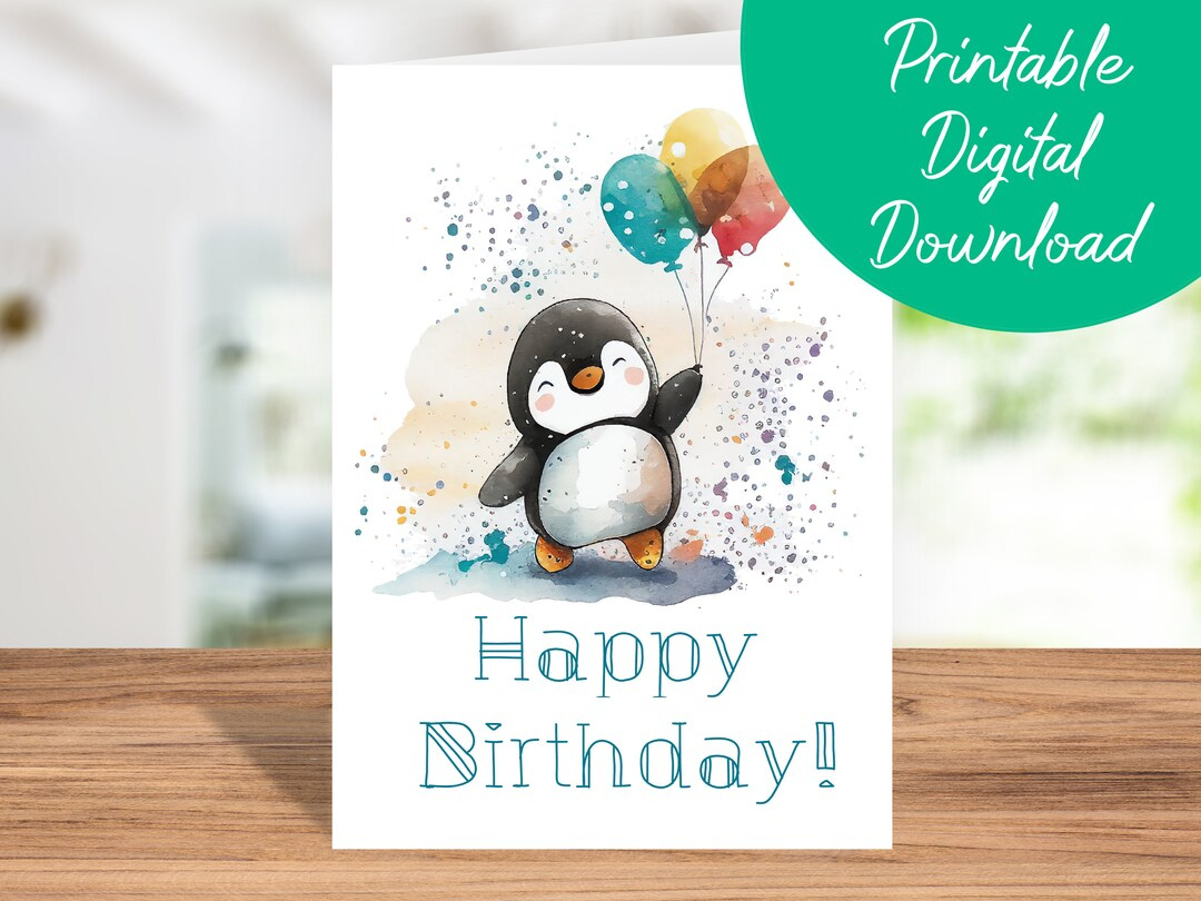 Penguin Birthday Card Instant Download, Kids Birthday Card with Penguin Birthday Card Printable