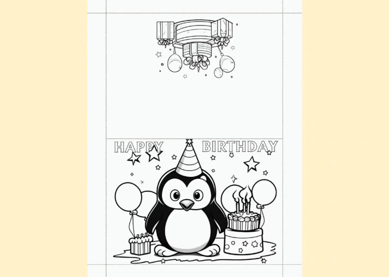 Penguin Happy Birthday Cards Coloring Page Kids Bday Printable Party Child Digital Activities Greeting Card Pdf Jpg And Envelope Template throughout Penguin Birthday Card Printable