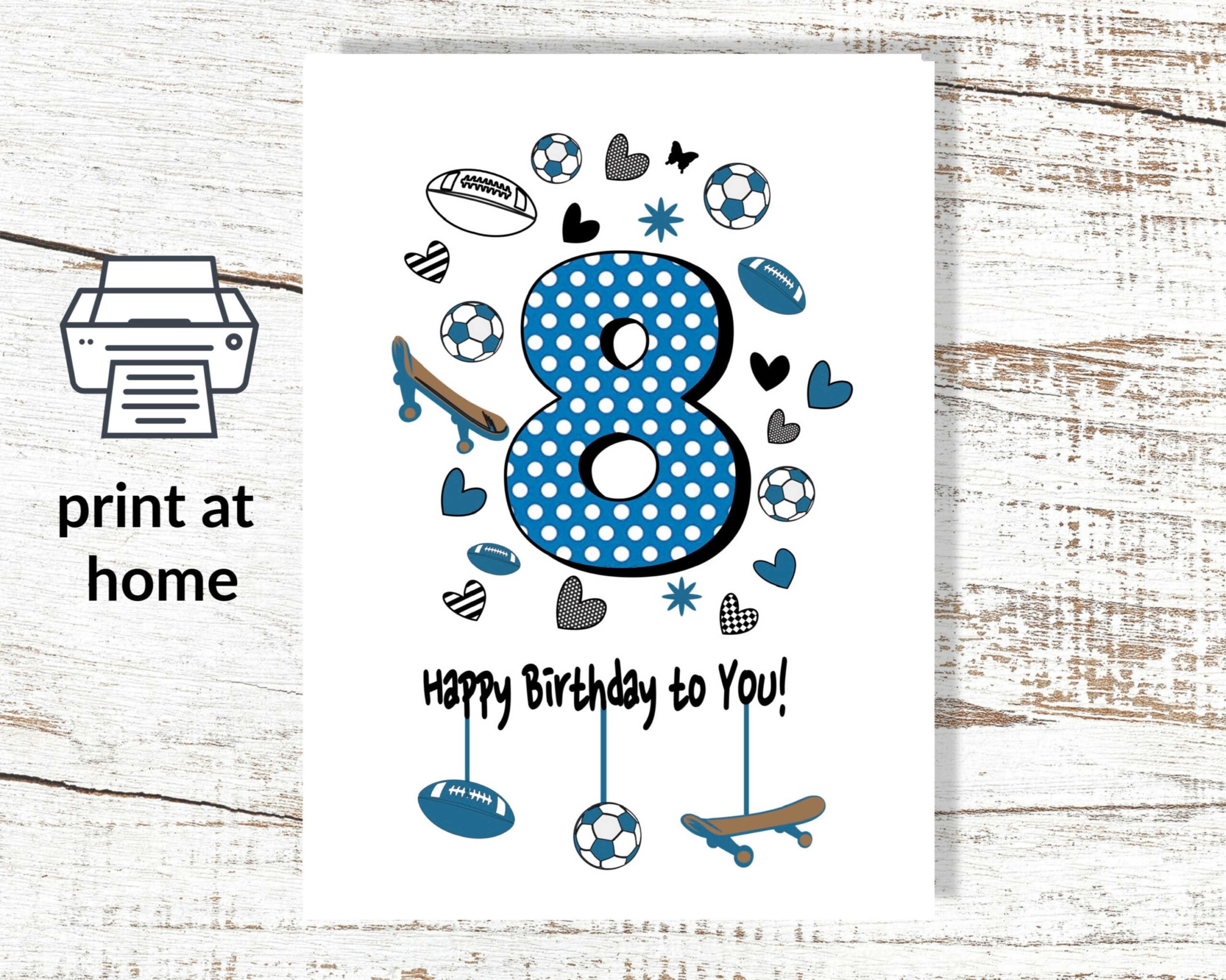 Print At Home 8Th Instant Download Birthday Greeting Card with Happy 8th Birthday Printable Card