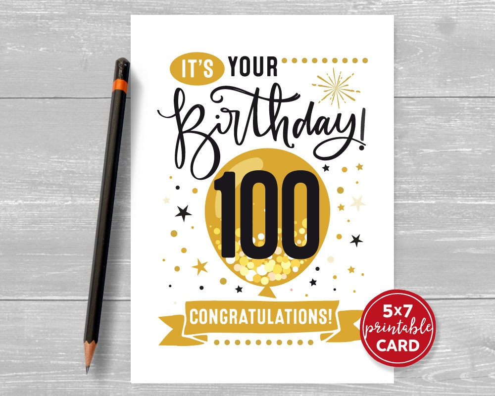 Printable 100Th Birthday Card - Congratulations One Hundred Balloon  Birthday Card - 5&quot;X7&quot; And Printable Envelope Template. Instant Download. pertaining to Free Printable 100th Birthday Cards