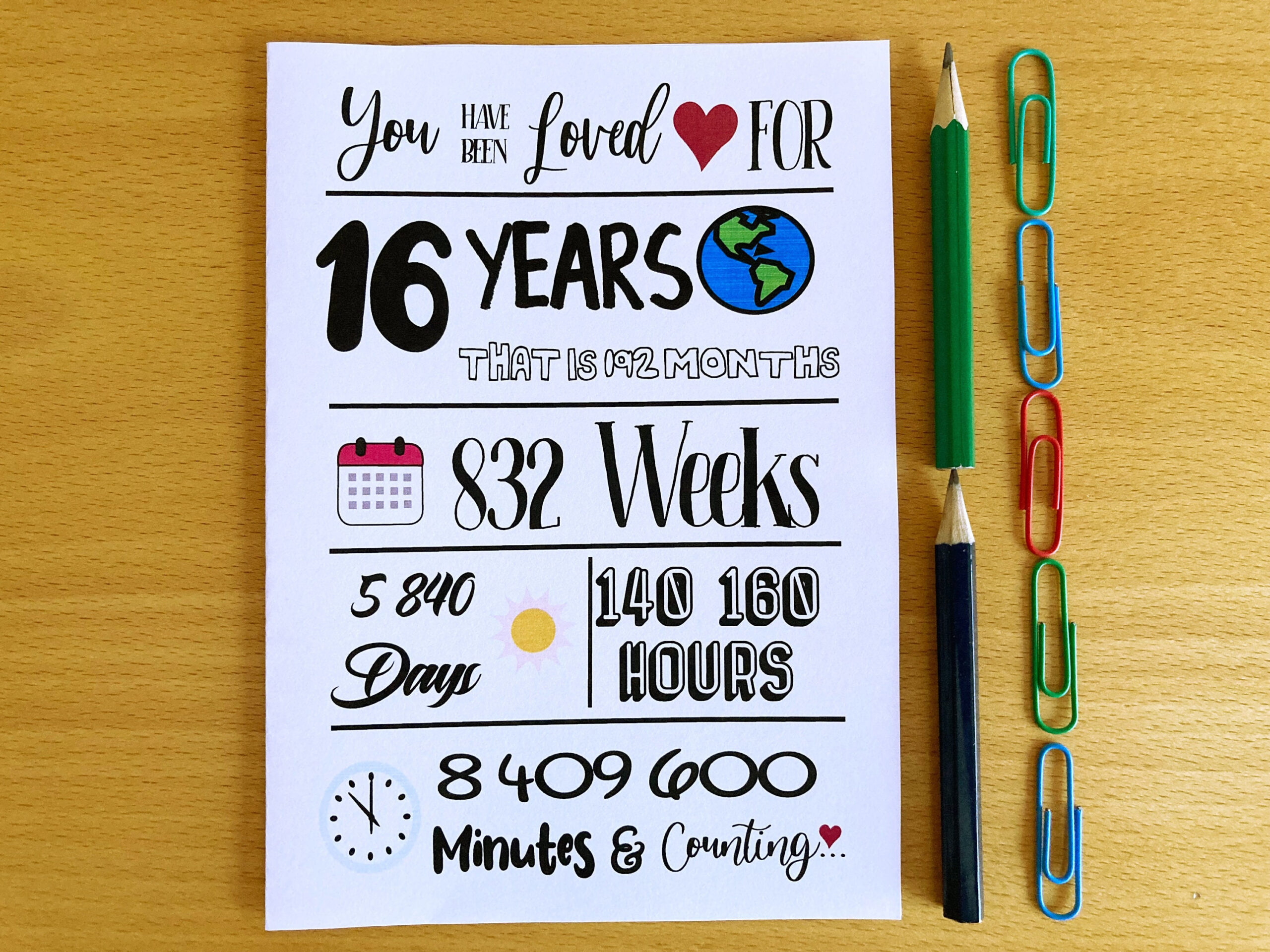 Printable 16Th Birthday Card, Loved For 16 Years, Instant Download regarding Printable 16Th Birthday Cards