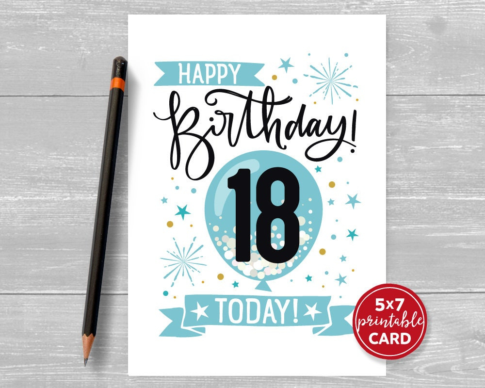 Printable 18Th Birthday Card In Blue- Happy Birthday 18 Eighteen Today! For Him- 5&amp;quot;X7&amp;quot; Plus Printable Envelope Template. Instant Download. intended for 18th Birthday Cards Printable