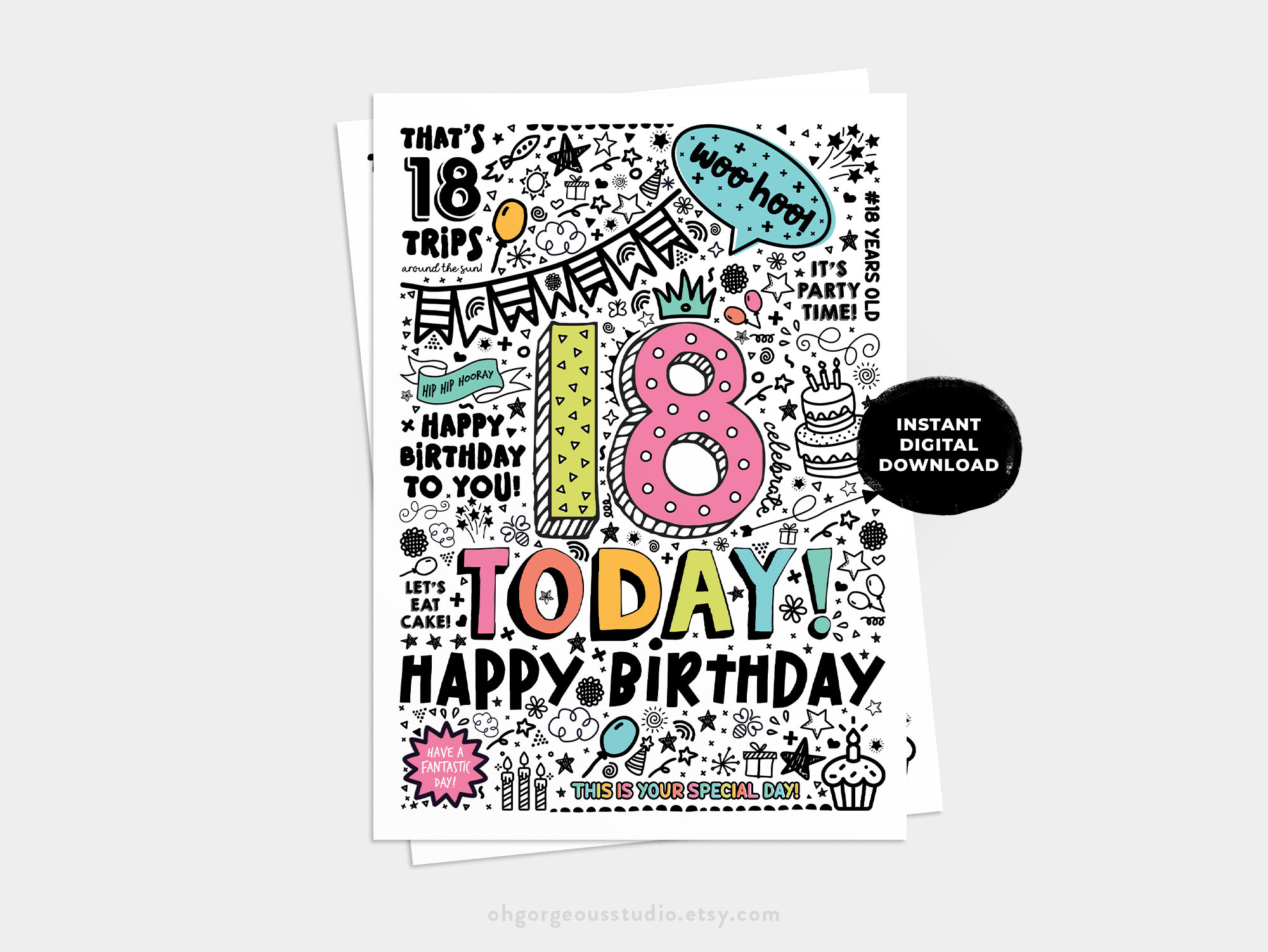 Printable 18Th Birthday Card Instant Download Printable Card For for Happy 18th Birthday Card Printable