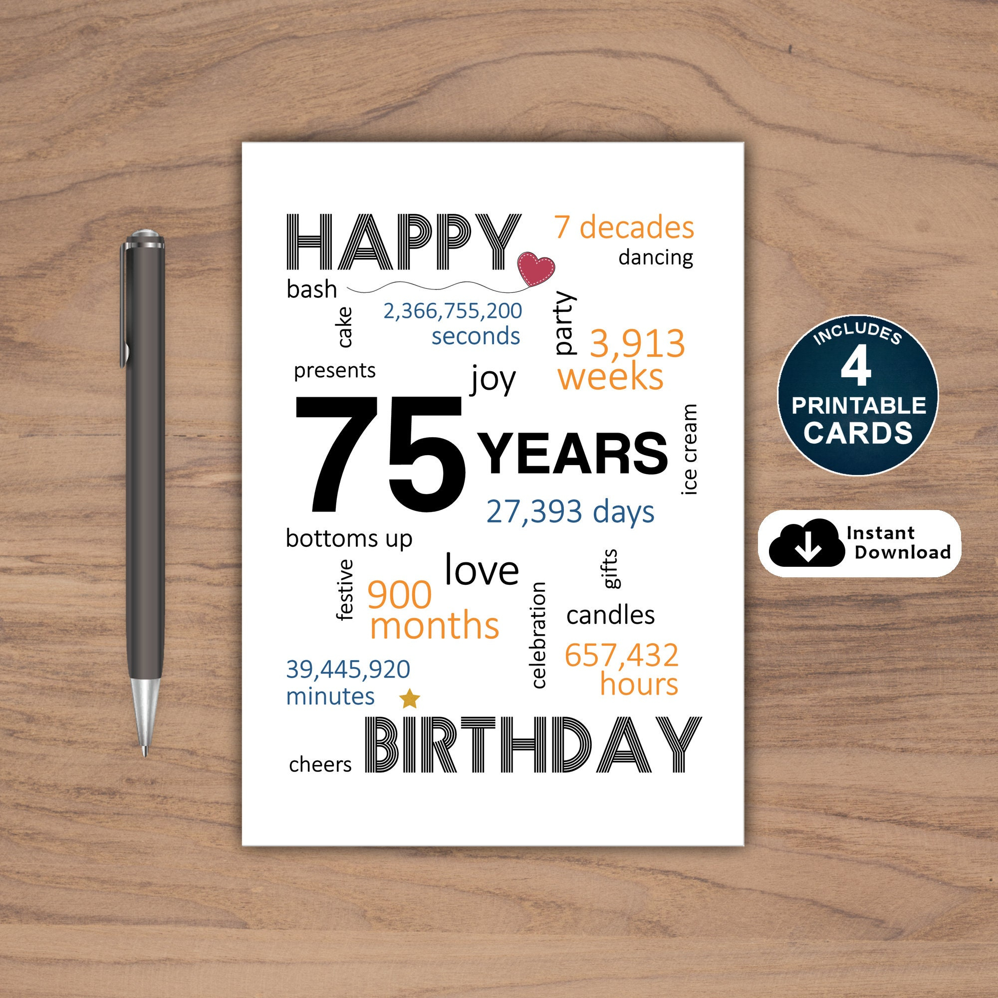 Printable 75Th Birthday Card - Etsy inside 75Th Birthday Card Printable