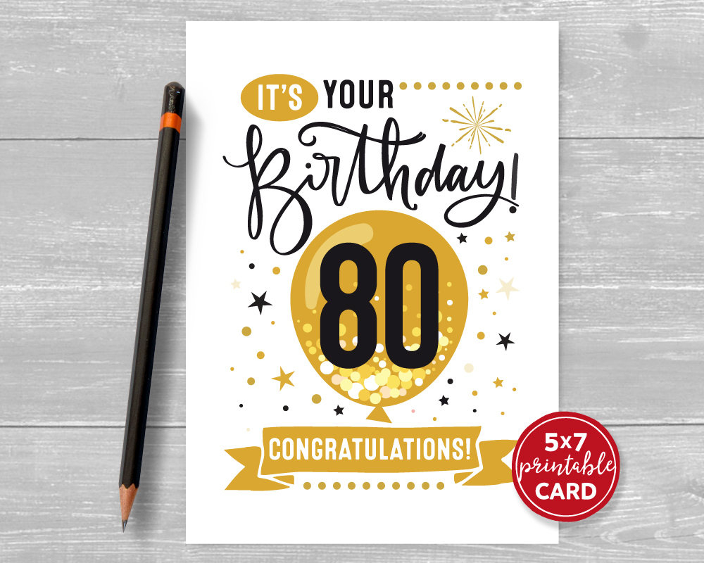 Printable 80Th Birthday Card - Congratulations Eighty Balloon Birthday Card - 5&amp;quot;X7&amp;quot; Plus Printable Envelope Template. Instant Download. pertaining to Printable 80Th Birthday Card