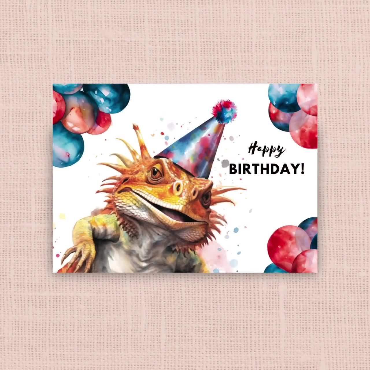 Printable Bearded Dragon Birthday Card, Instant Download, Print At Home Card, Bearded Dragon Gifts, Pet Lizard Watercolor Illustration within Dragon Birthday Cards Printable