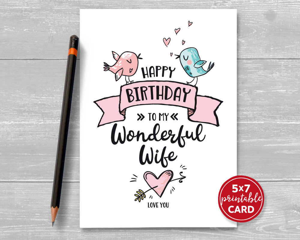 Printable Birthday Card For Wife - Happy Birthday To My Wonderful Wife With Love Birds - 5&amp;quot;X7&amp;quot;- Includes Printable Envelope for Printable Happy Birthday Cards For Wife